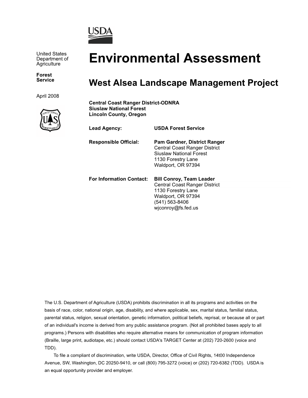 Environmental Assessment West Alsea Landscape Management Project