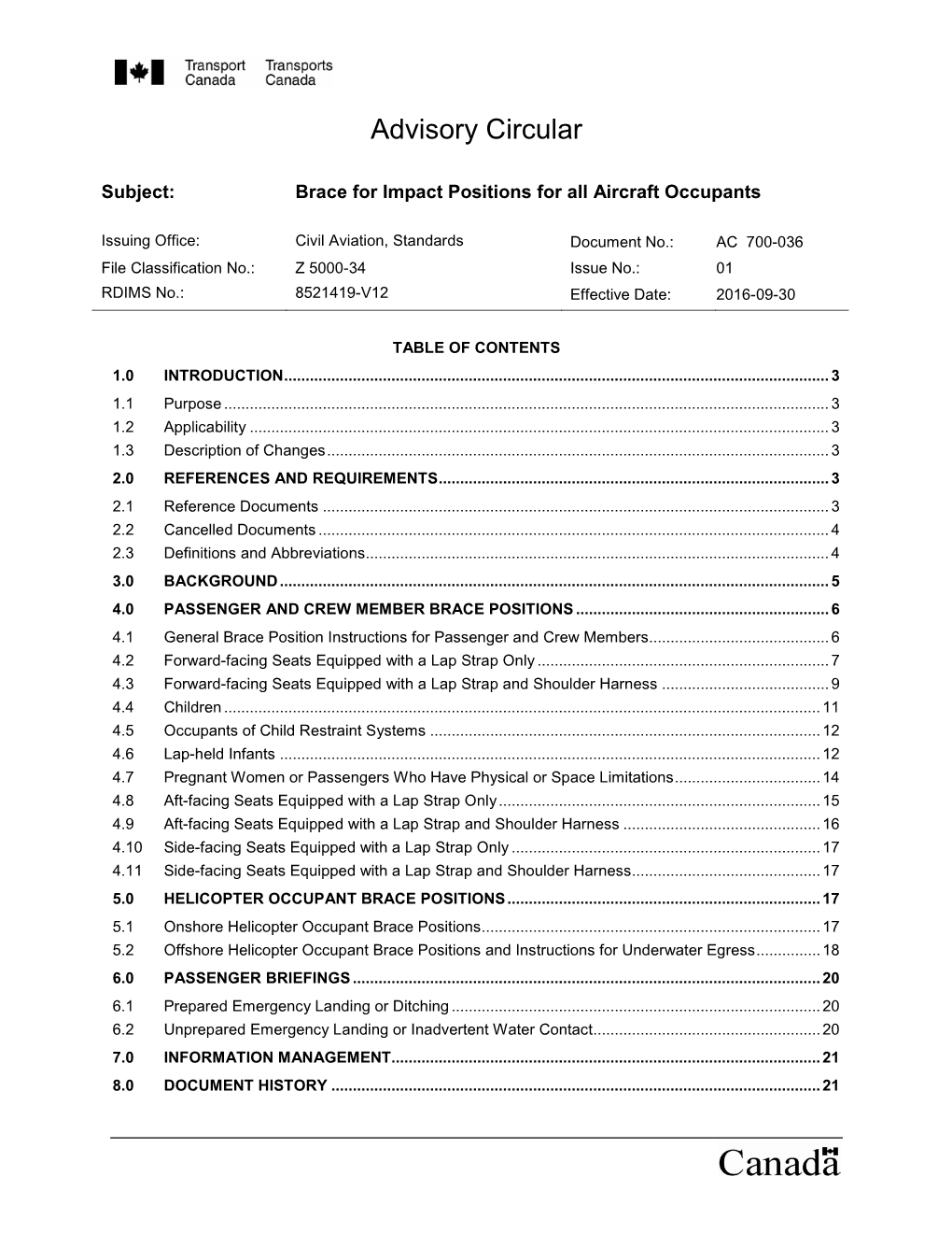 AC 700-036 Issue 1, Brace for Impact Positions for All Aircraft Occupants