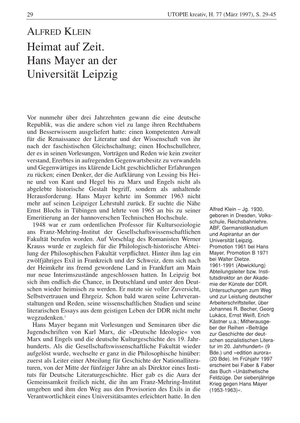 Heimat Auf Zeit. Hans Mayer an Der Universität Leipzig