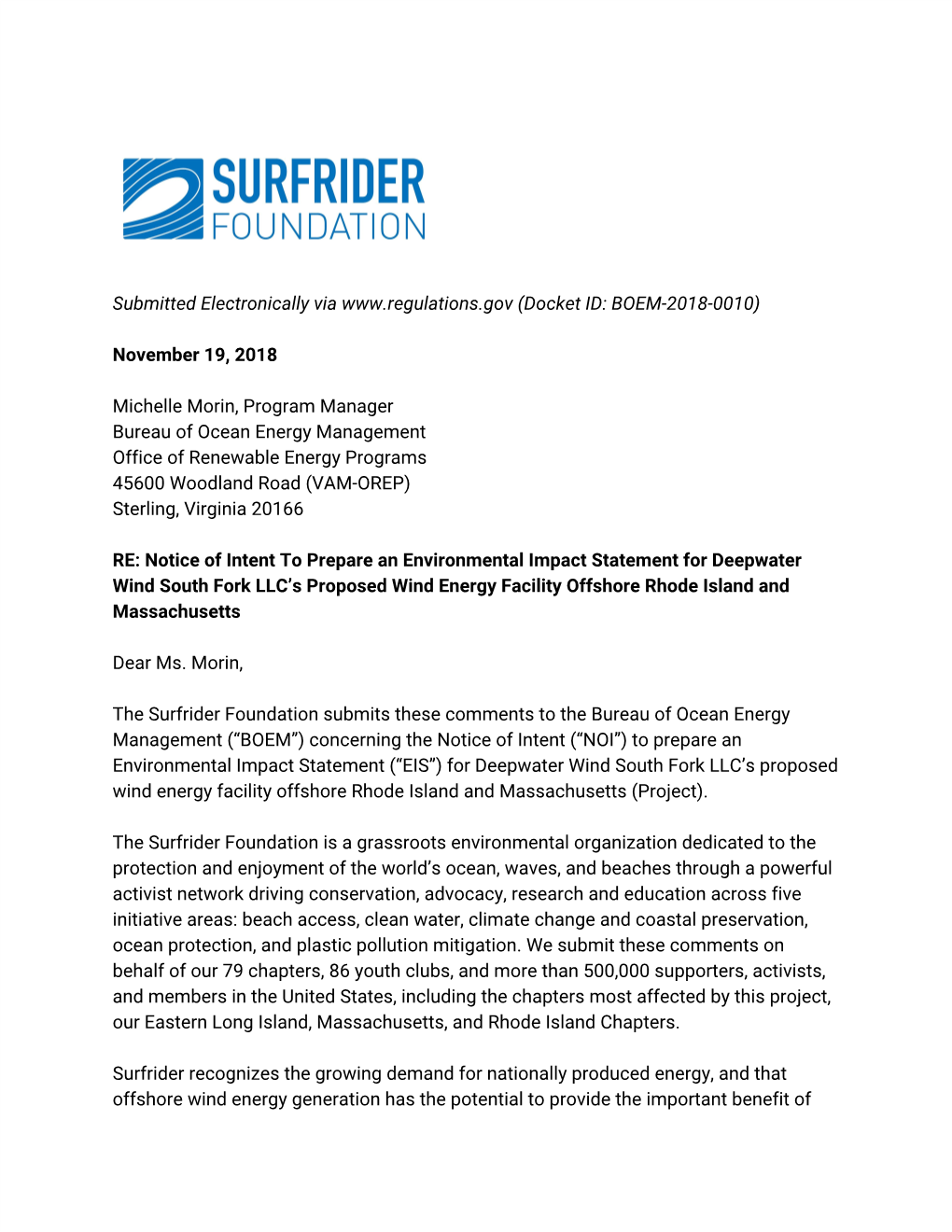 November 2018 Surfrider Public Comment Letter