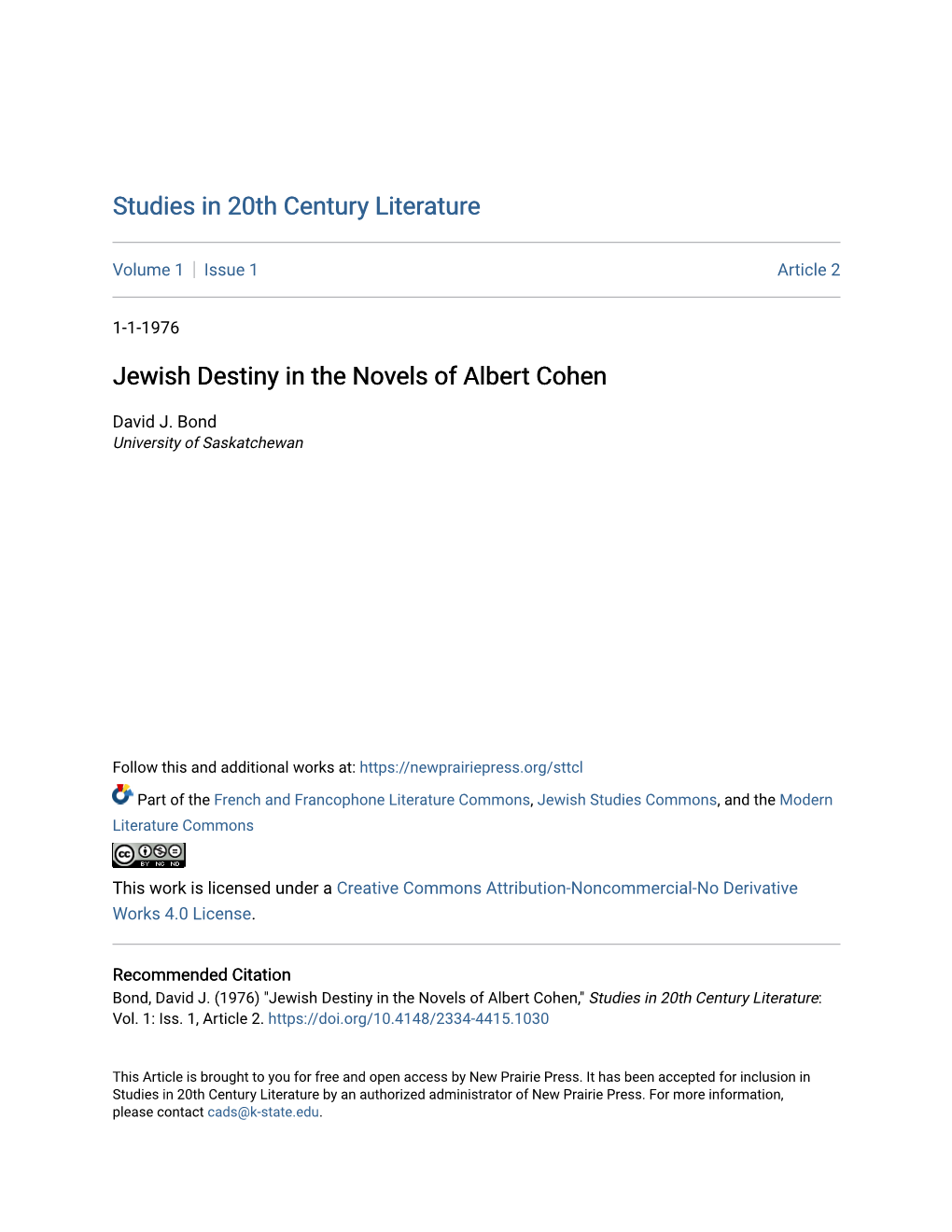 Jewish Destiny in the Novels of Albert Cohen