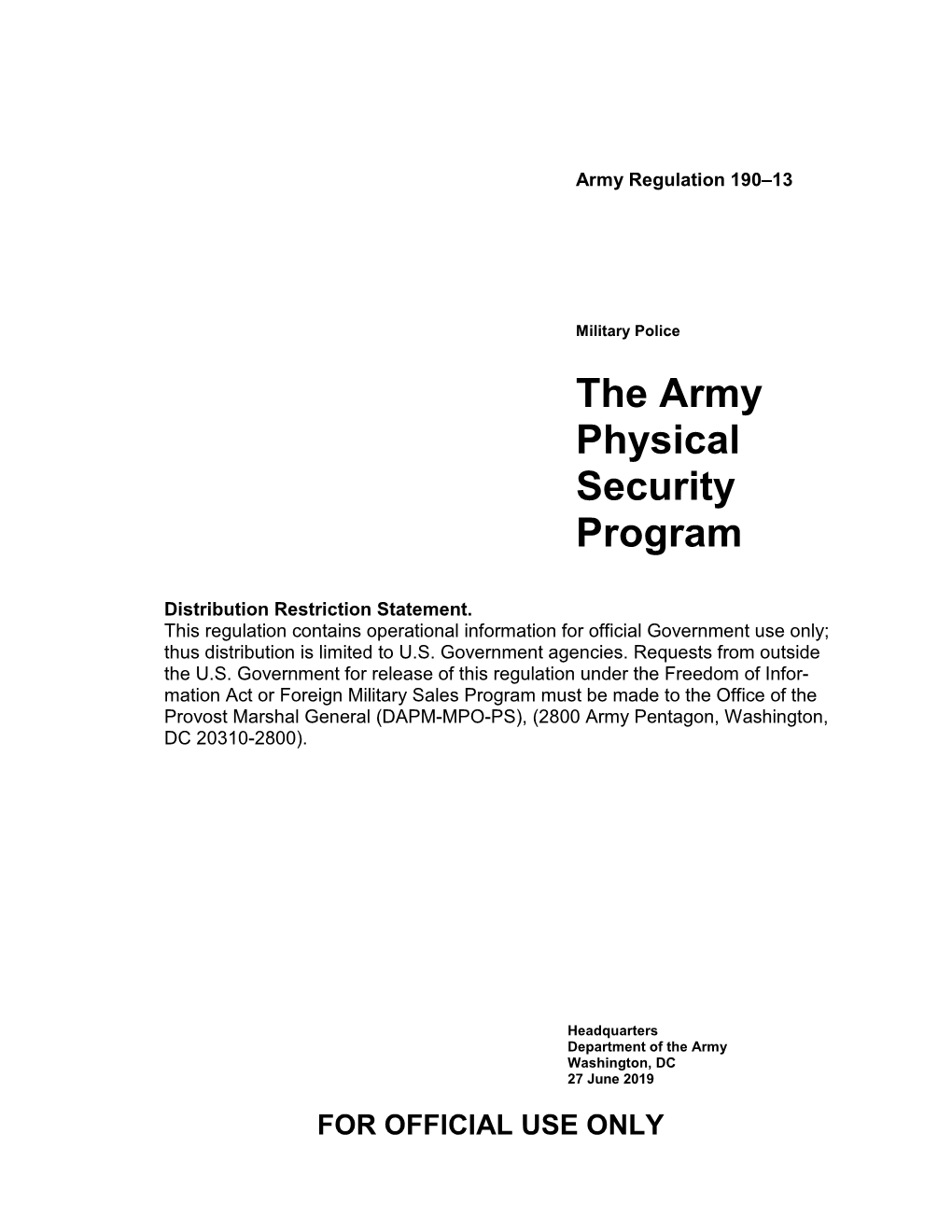 AR 190-13 the Army Physical Security Program