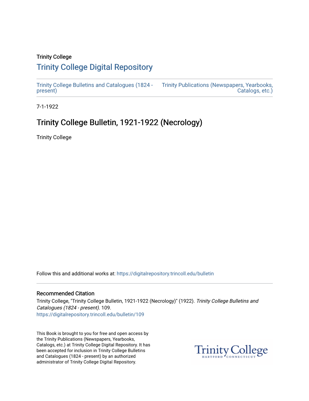 Trinity College Bulletin, 1921-1922 (Necrology)