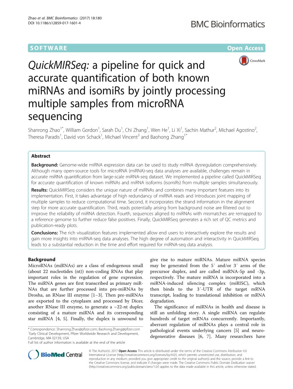 Quickmirseq: a Pipeline for Quick and Accurate Quantification of Both Known Mirnas and Isomirs by Jointly Processing Multiple Sa