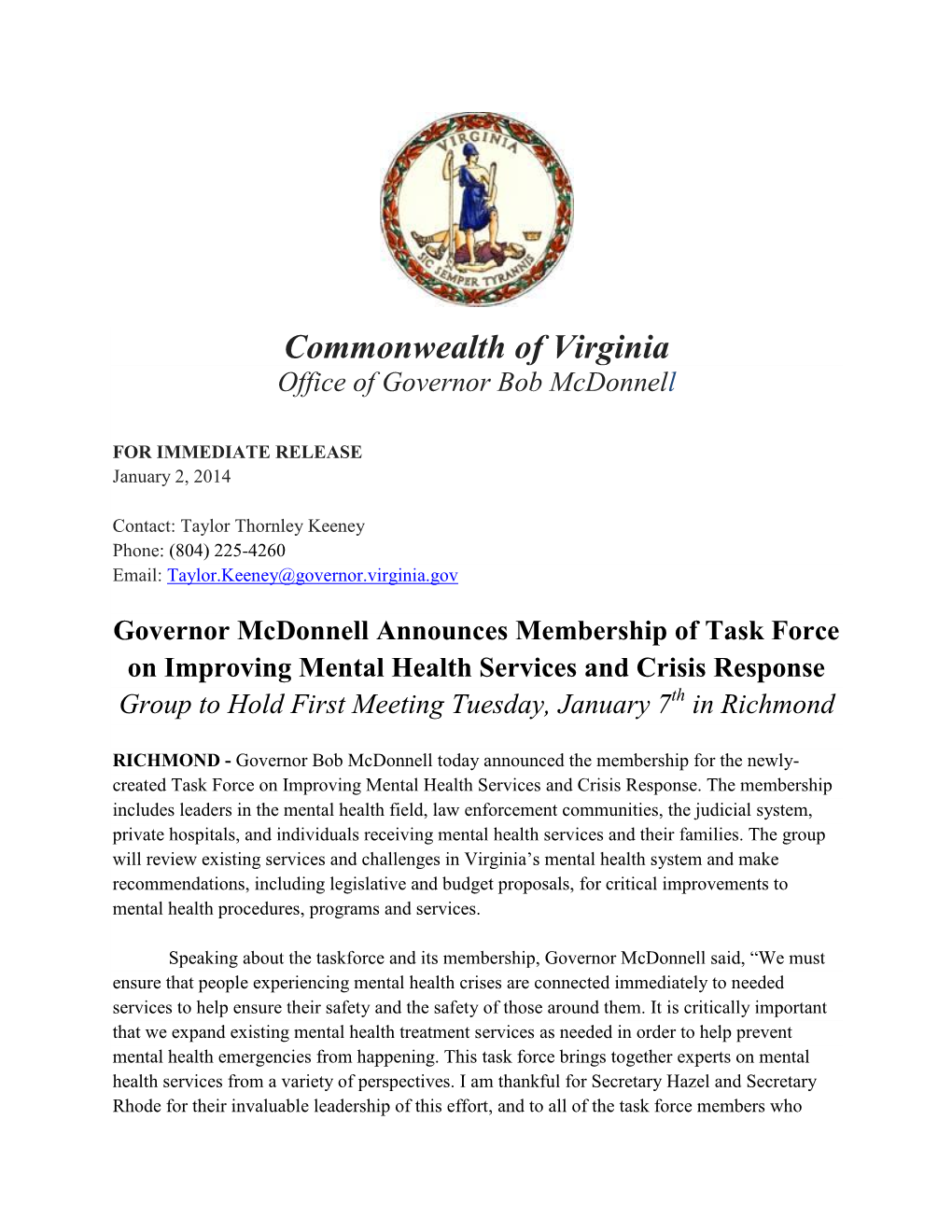 Commonwealth of Virginia Office of Governor Bob Mcdonnell