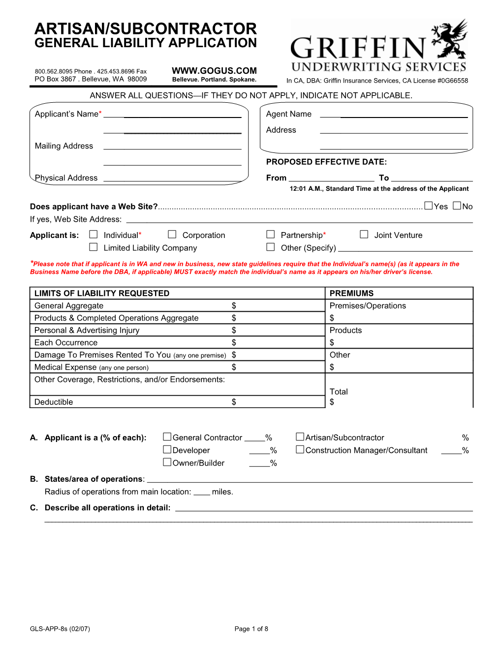 General Contractors/Developers General Liability Application