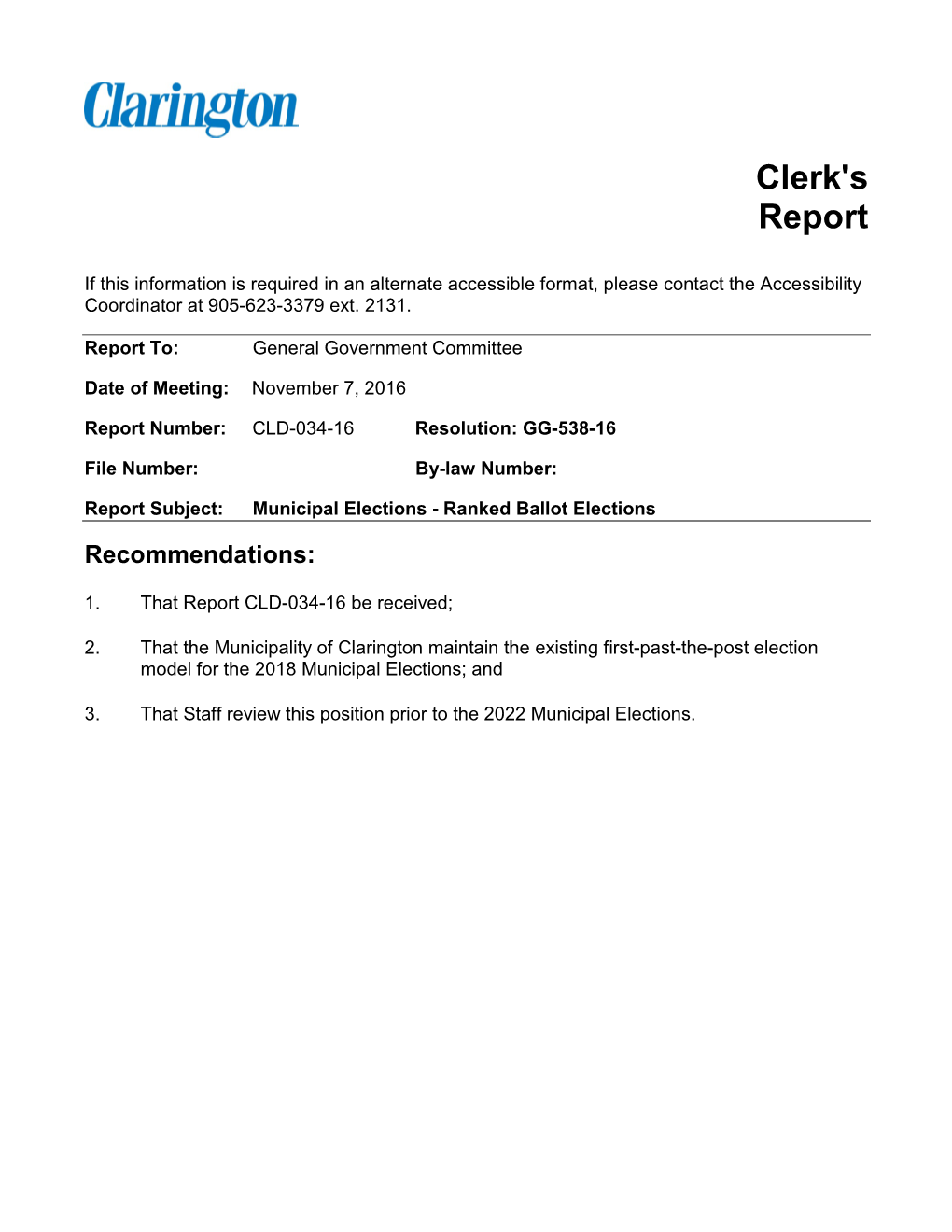 Clerk's Report