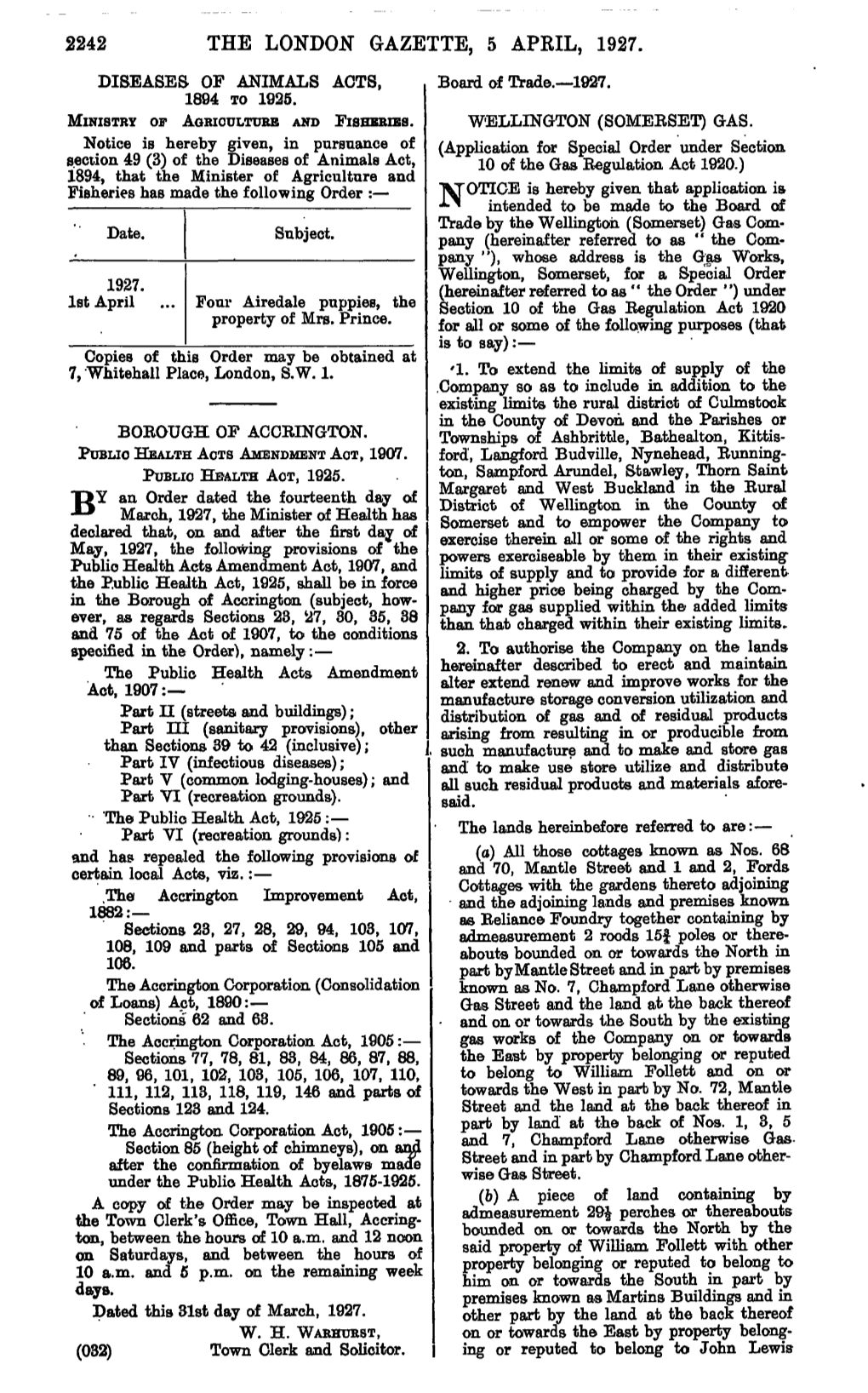 2242 the LONDON GAZETTE, 5 APRIL, 1927. DISEASES of ANIMALS ACTS, Board of Trade.—1927