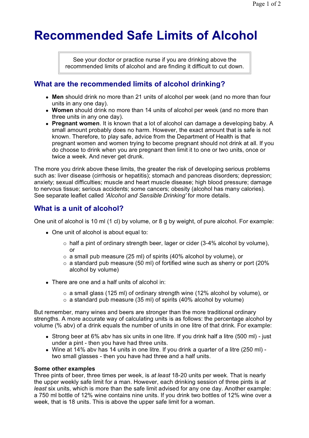 Recommended Safe Limits of Alcohol
