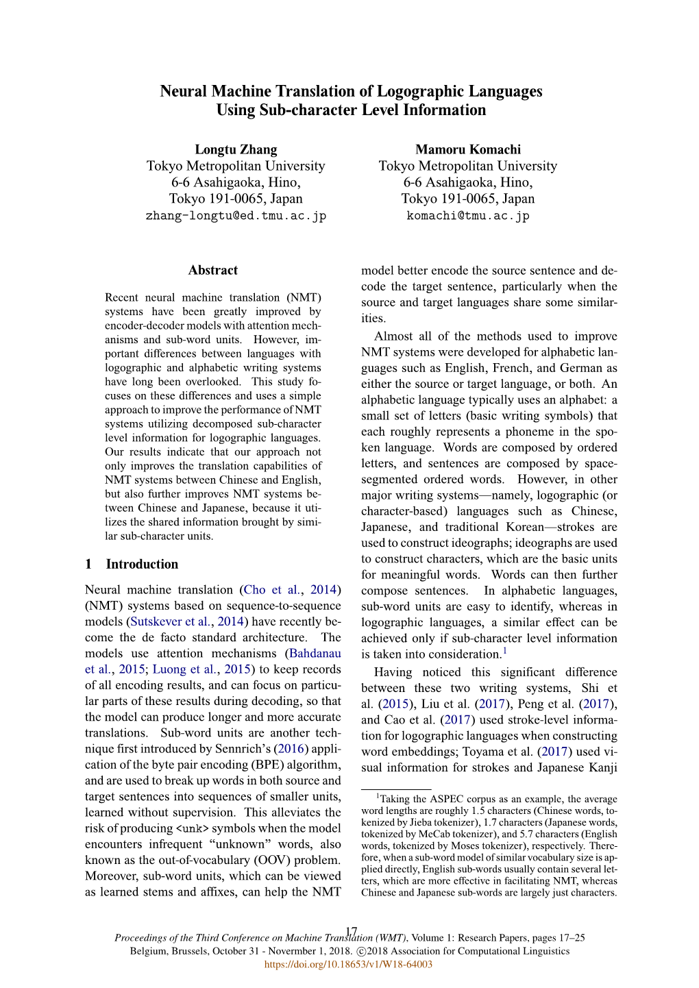 Neural Machine Translation of Logographic Language Using Sub