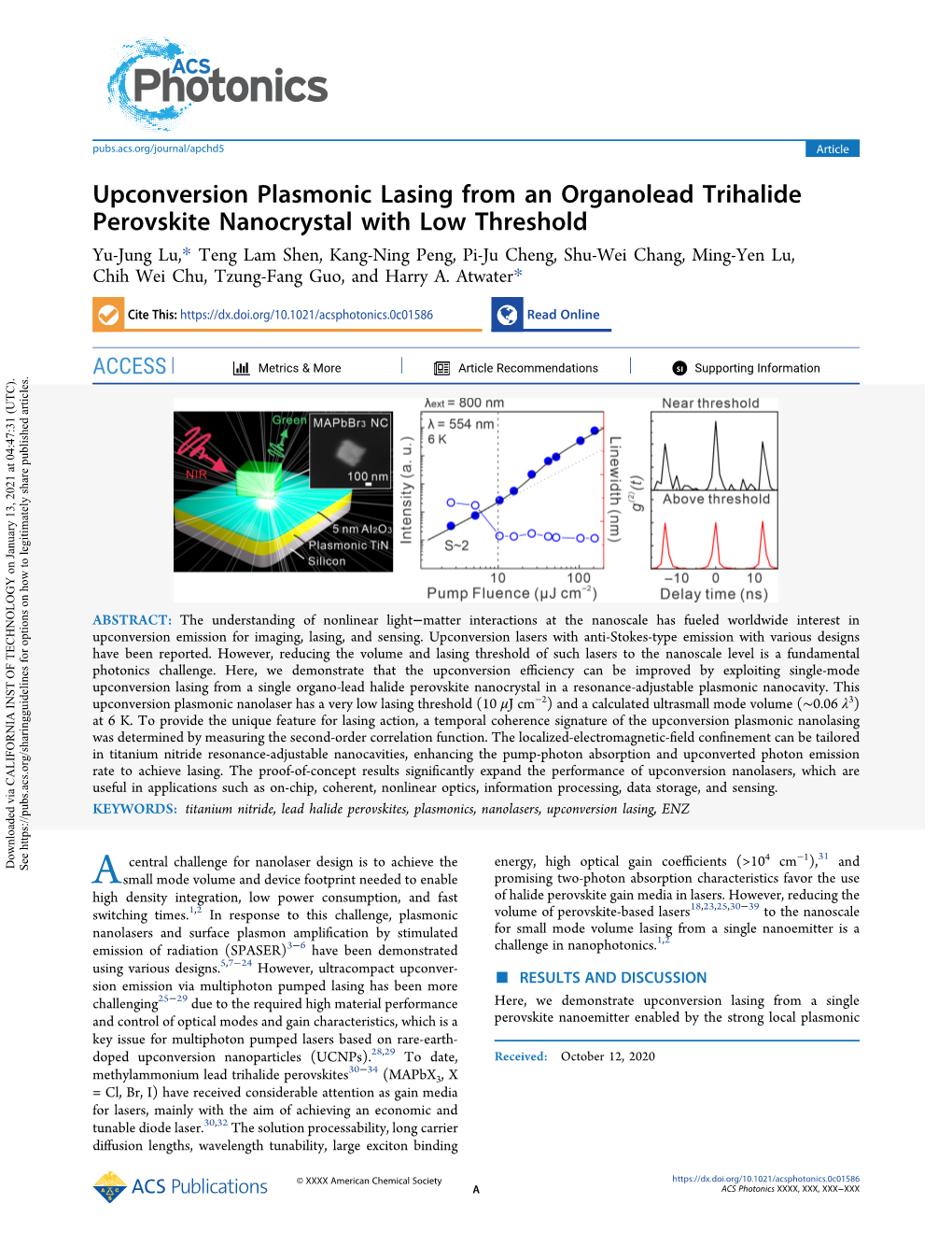 Upconversion Plasmonic Lasing from an Organolead Trihalide Perovskite Nanocrystal with Low Threshold
