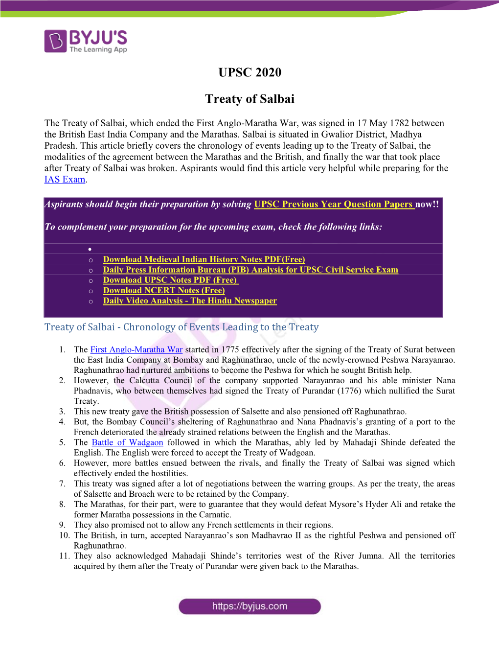 UPSC 2020 Treaty of Salbai