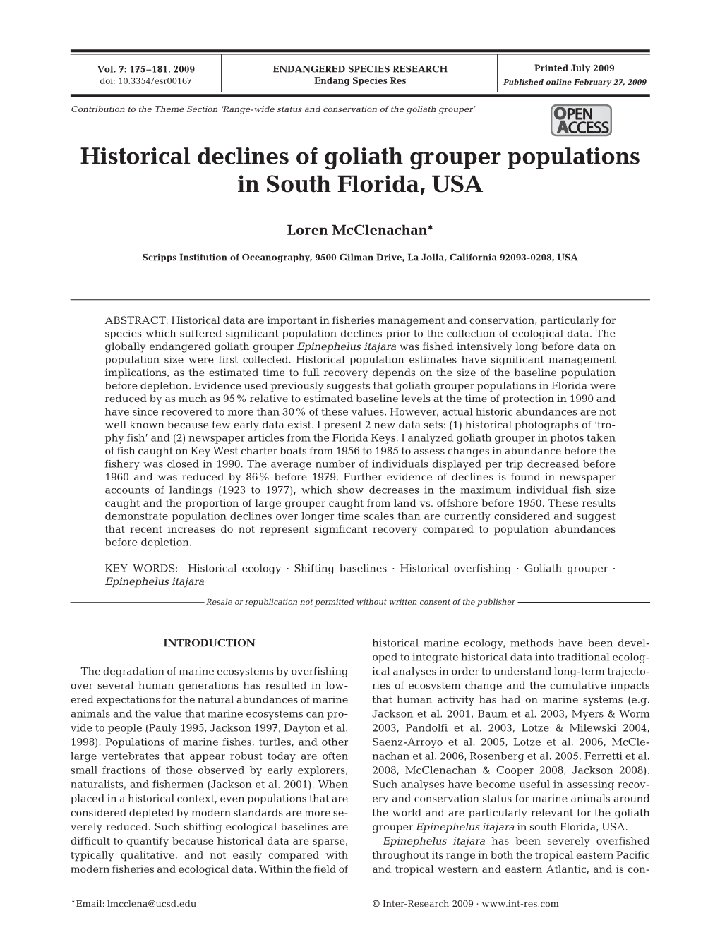 Historical Declines of Goliath Grouper Populations in South Florida, USA