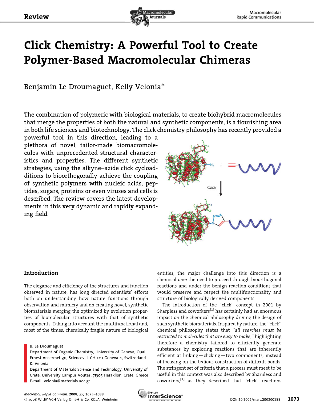 Click Chemistry: a Powerful Tool to Create Polymer-Based Macromolecular Chimeras