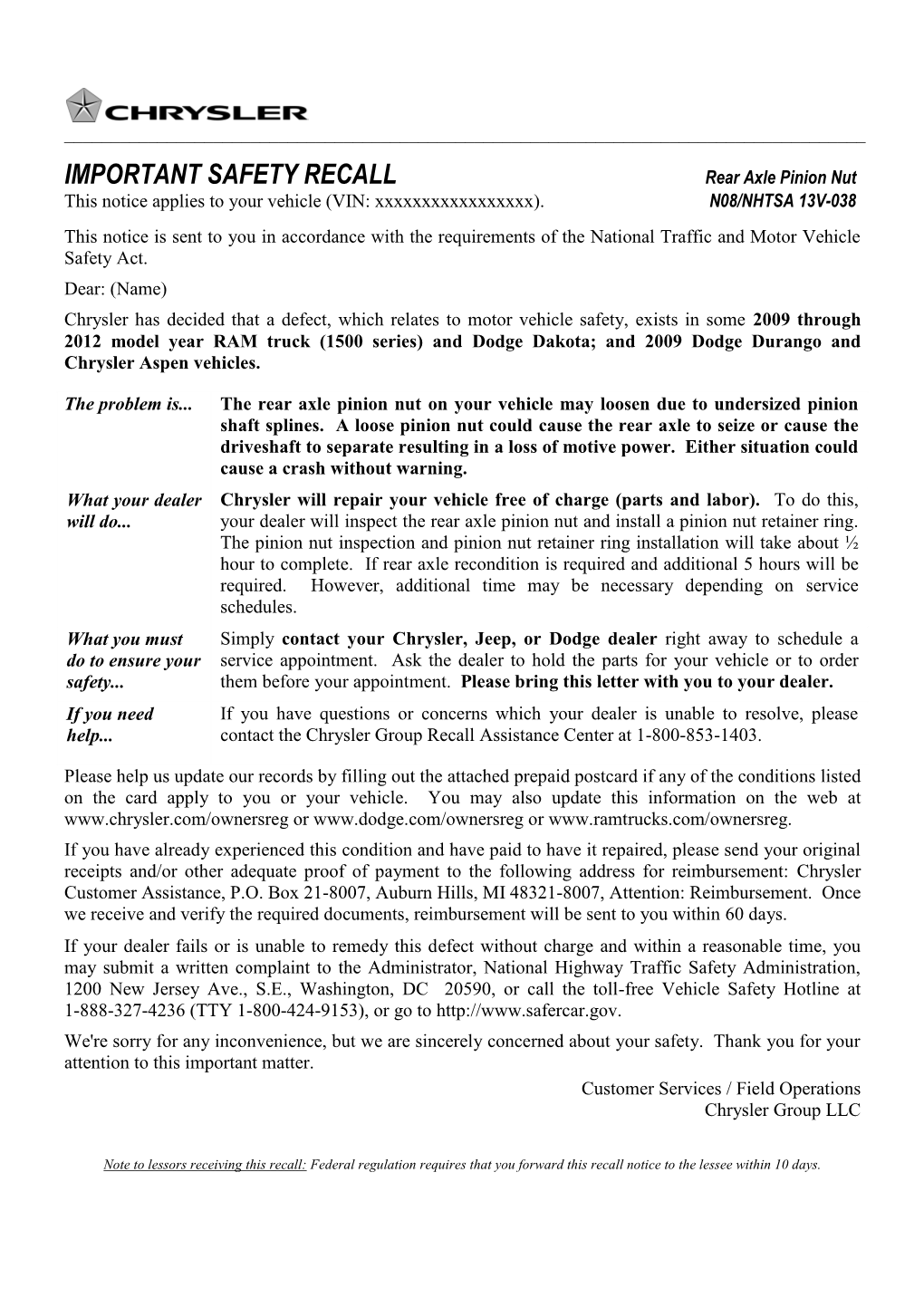 IMPORTANT SAFETY RECALL Rear Axle Pinion Nut This Notice Applies to Your Vehicle (VIN: Xxxxxxxxxxxxxxxxx)