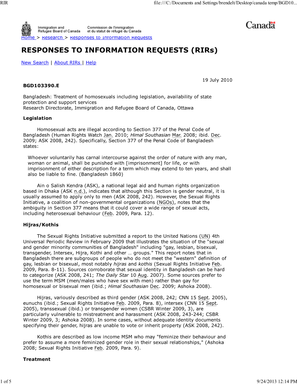 Treatment of Homosexuals Including Legislation, Availability of State