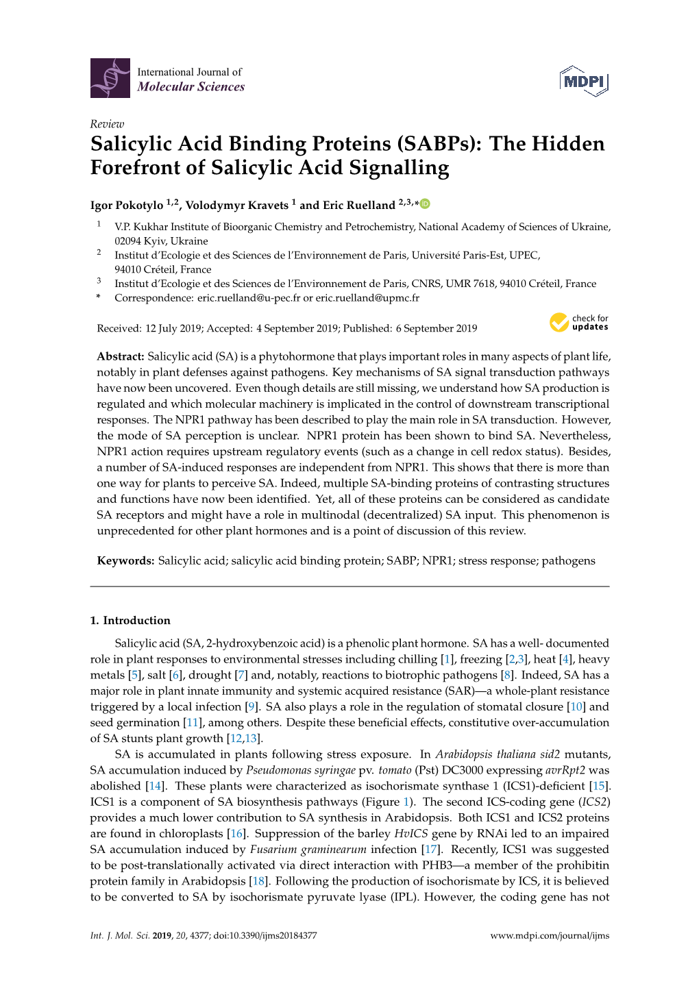 Salicylic Acid Binding Proteins (Sabps): the Hidden Forefront of Salicylic Acid Signalling