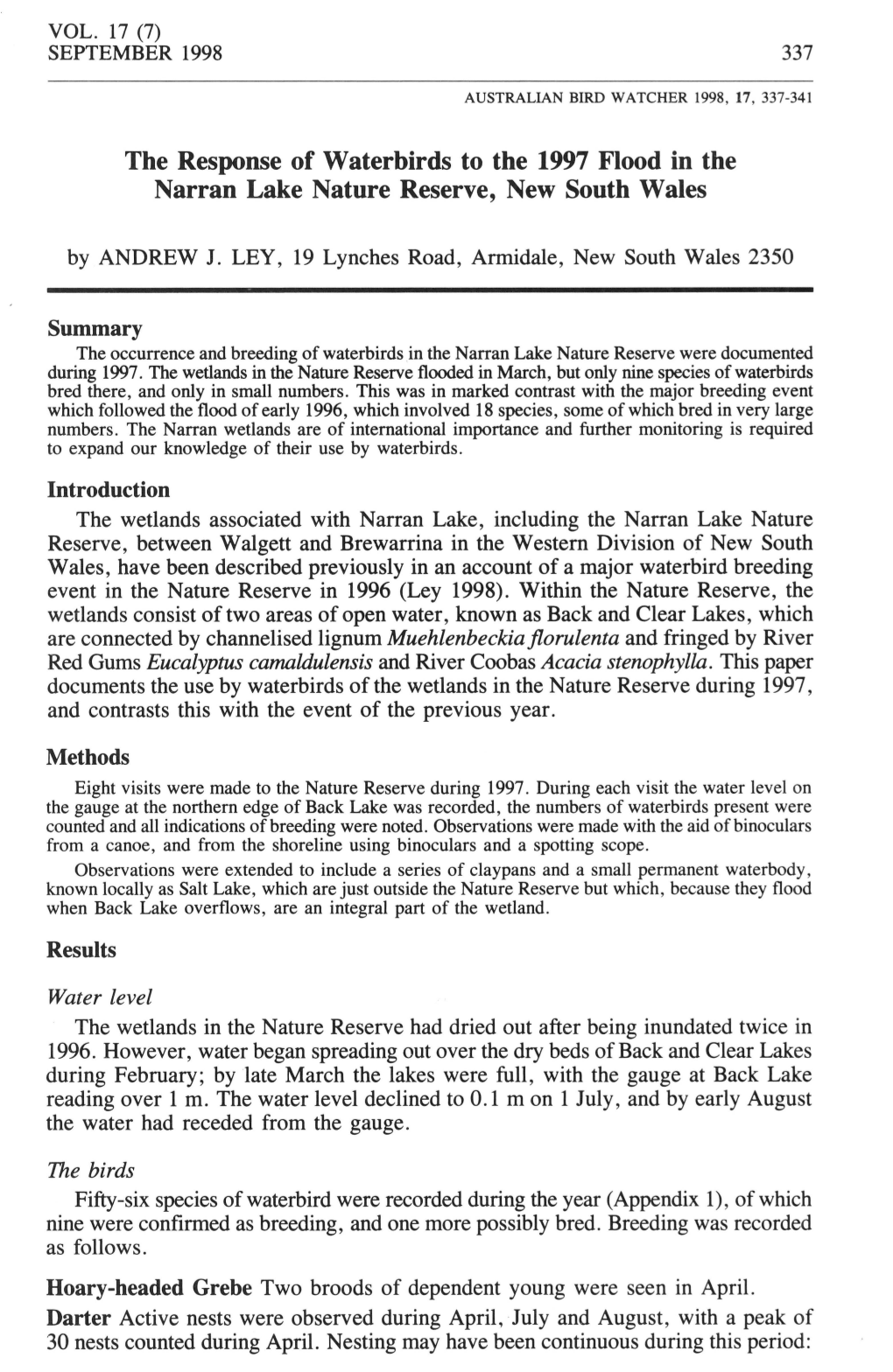 The Response of Waterbirds to the 1997 Flood in the Narran Lake Nature Reserve, New South Wales