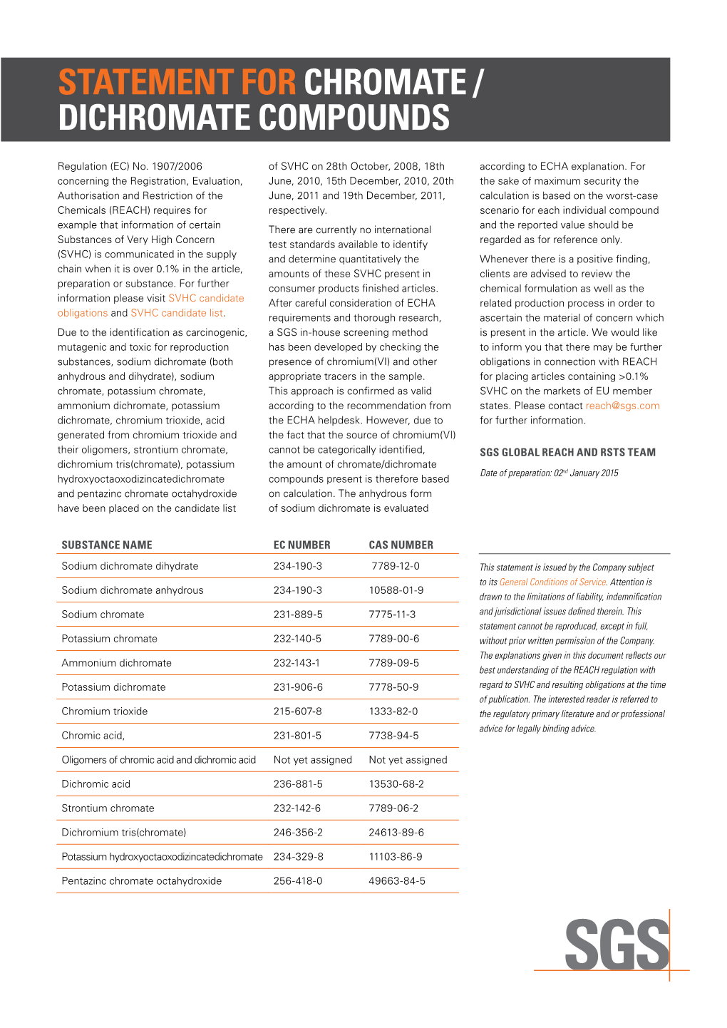 Statement for Chromate / Dichromate Compounds