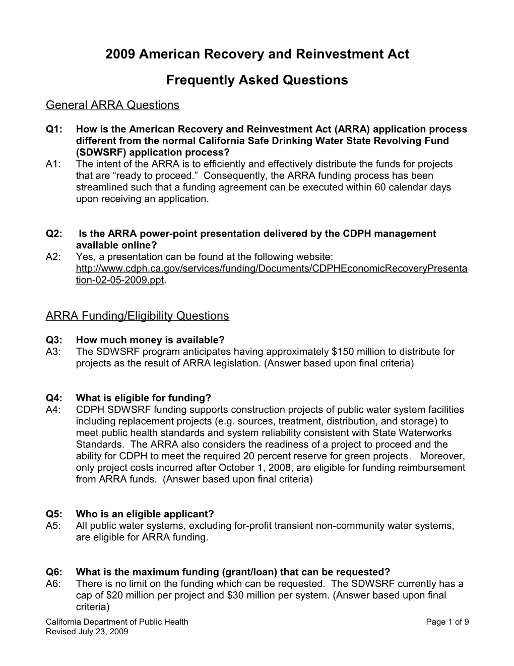 ARRA Frequently Asked Questions