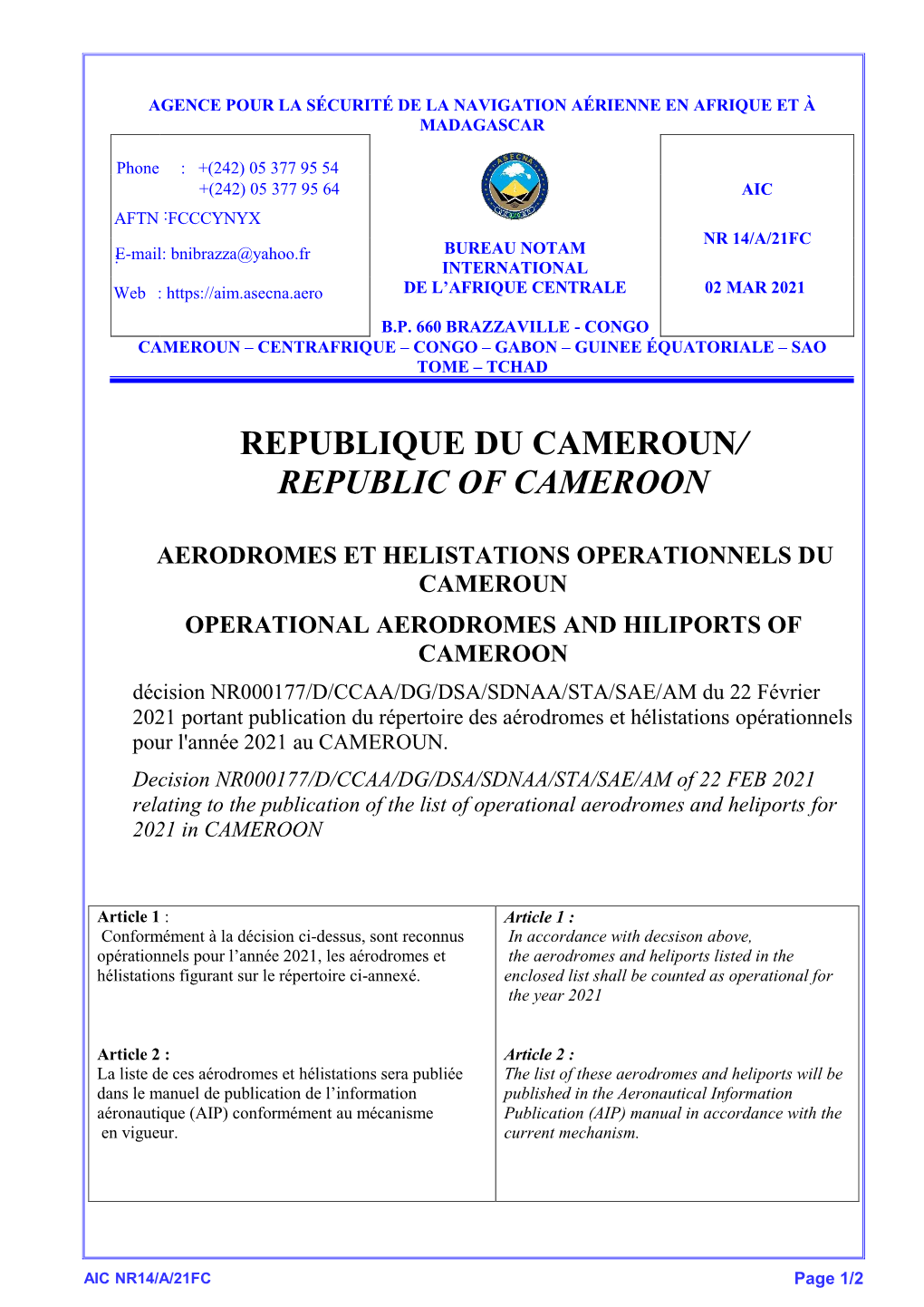 Republique Du Cameroun/ Republic of Cameroon