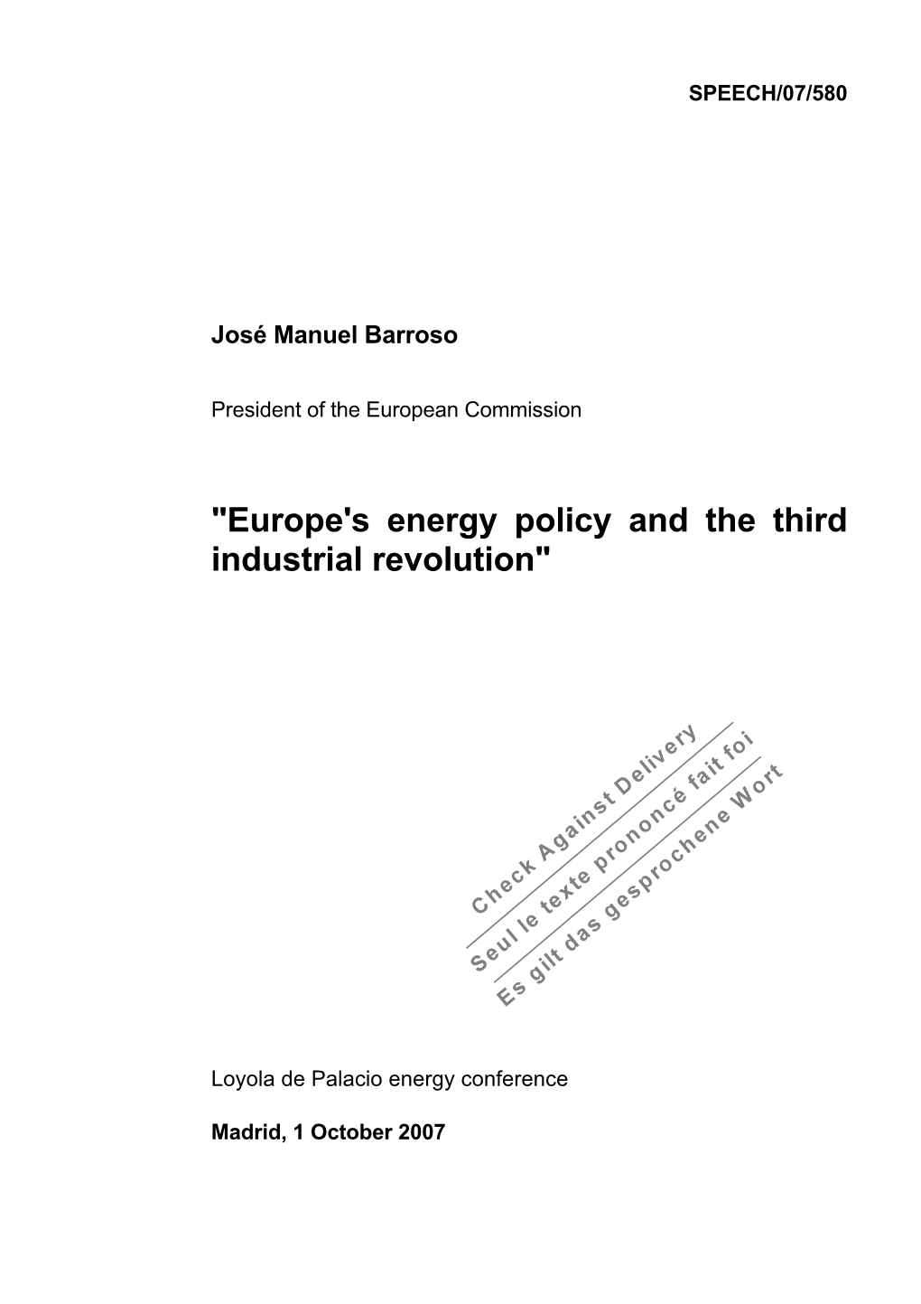"Europe's Energy Policy and the Third Industrial Revolution"