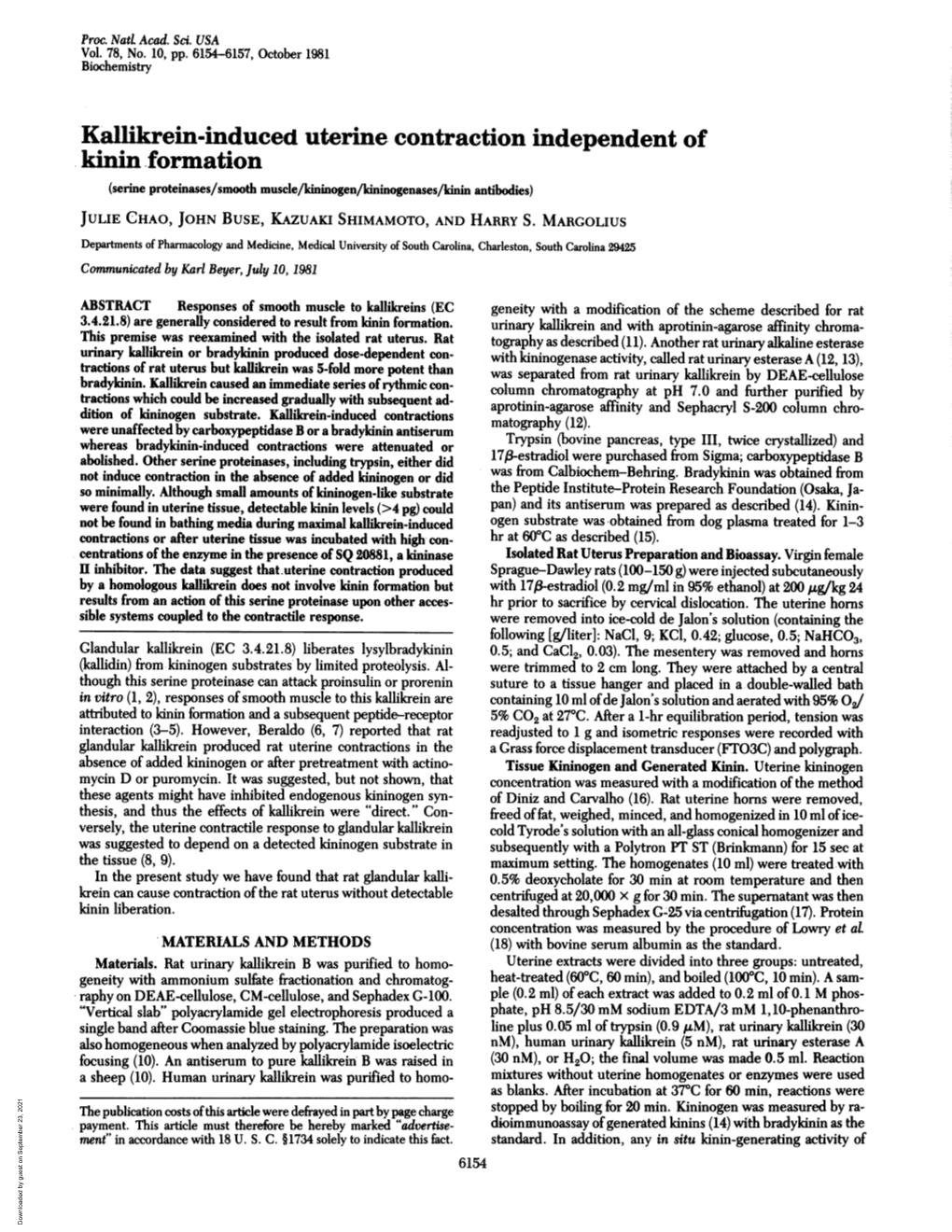 Kallikrein-Induced Uterine. Contraction Independent of Kinin Formation