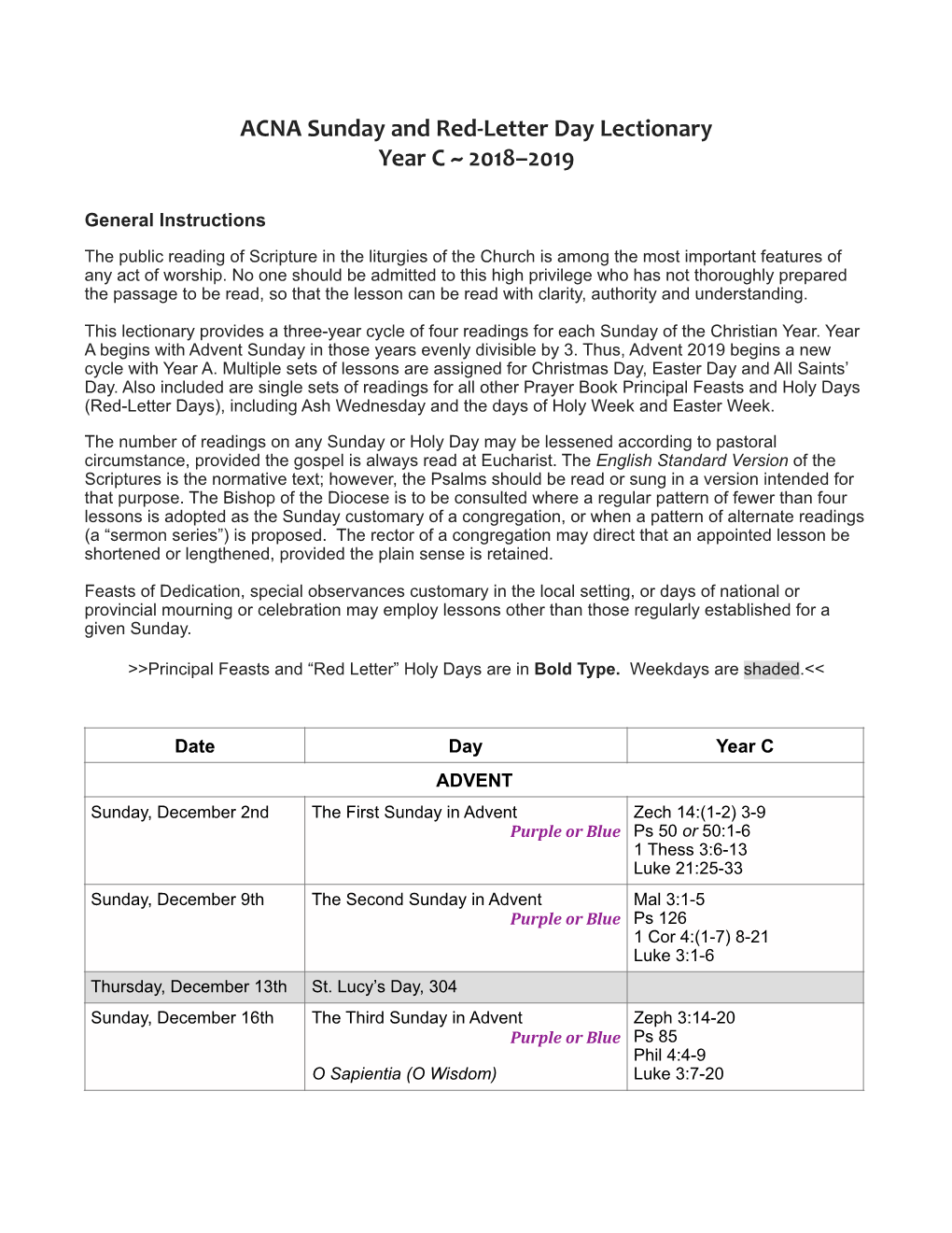 Liturgical Calendar