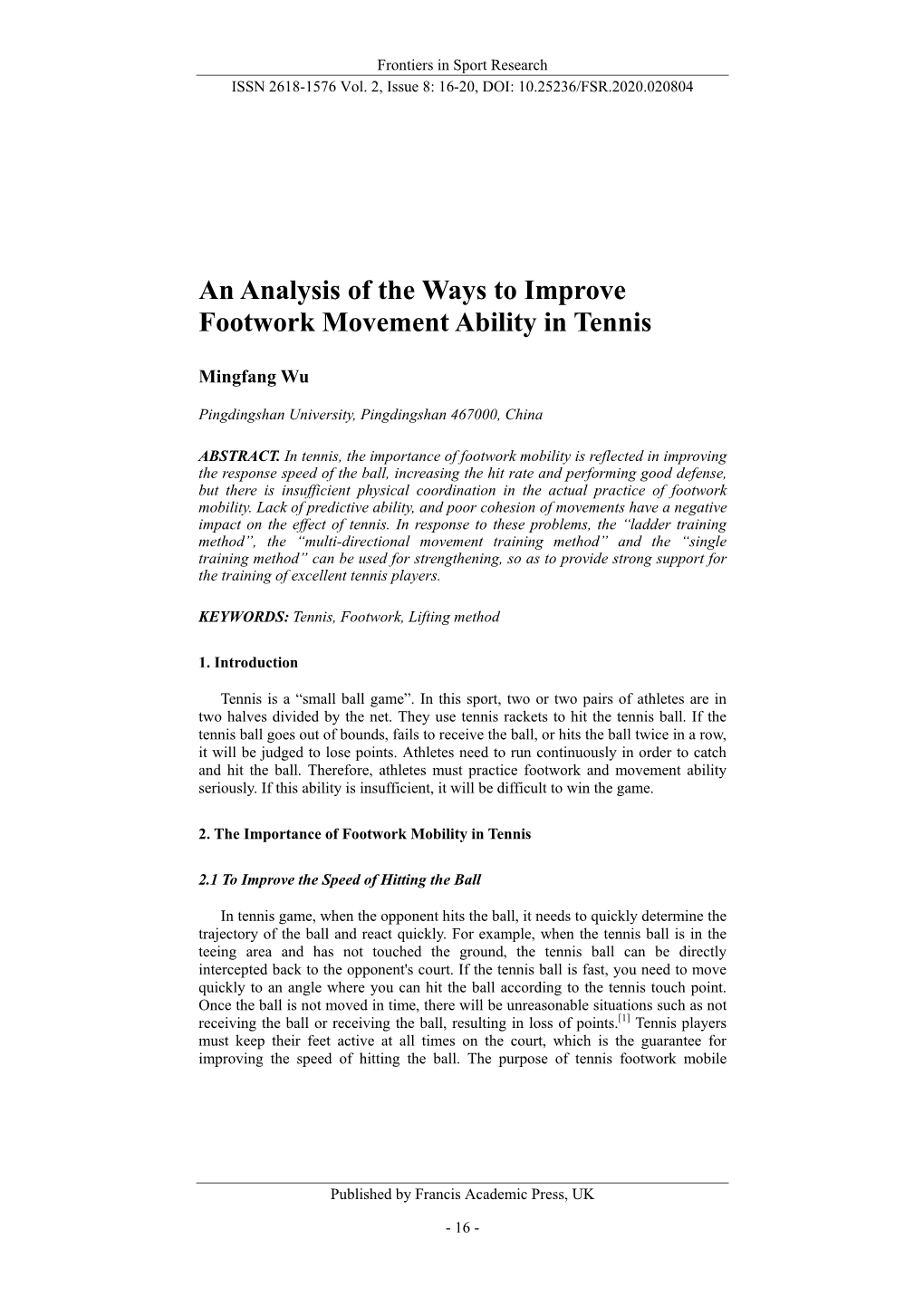 An Analysis of the Ways to Improve Footwork Movement Ability in Tennis