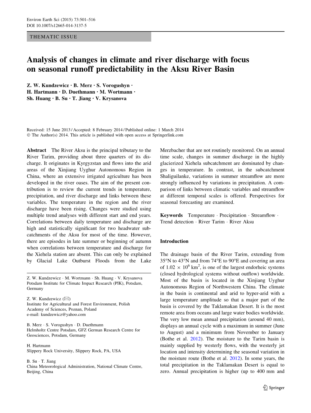 Analysis of Changes in Climate and River Discharge with Focus on Seasonal Runoff Predictability in the Aksu River Basin