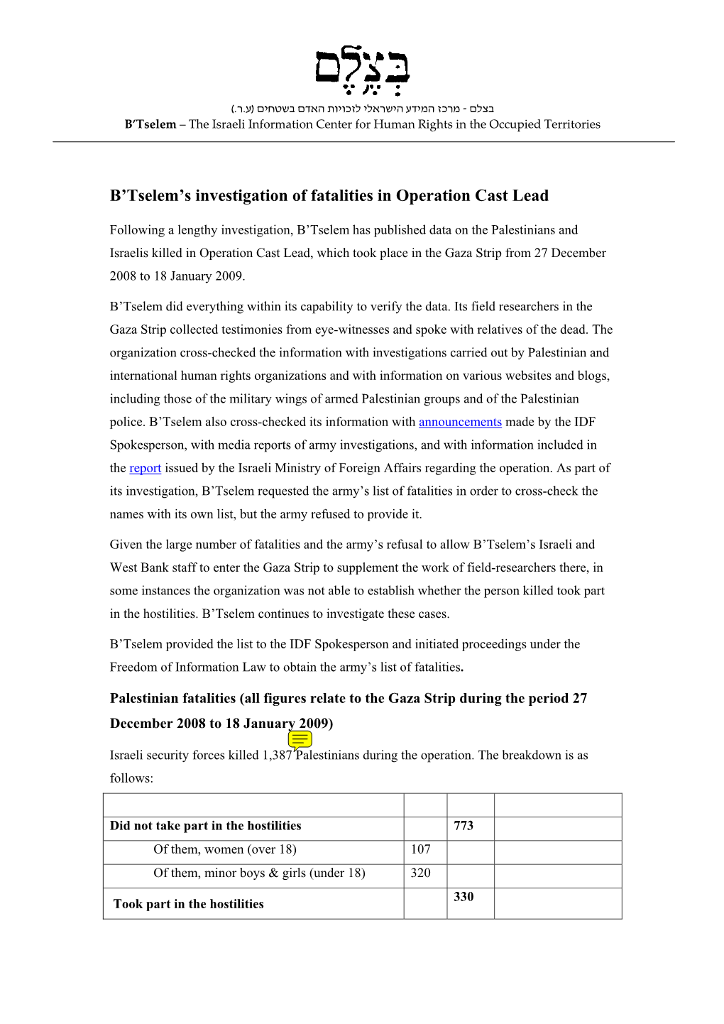 B'tselem's Investigation of Fatalities in Operation Cast Lead