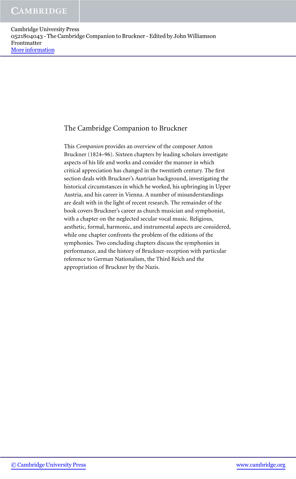 The Cambridge Companion to Bruckner - Edited by John Williamson Frontmatter More Information