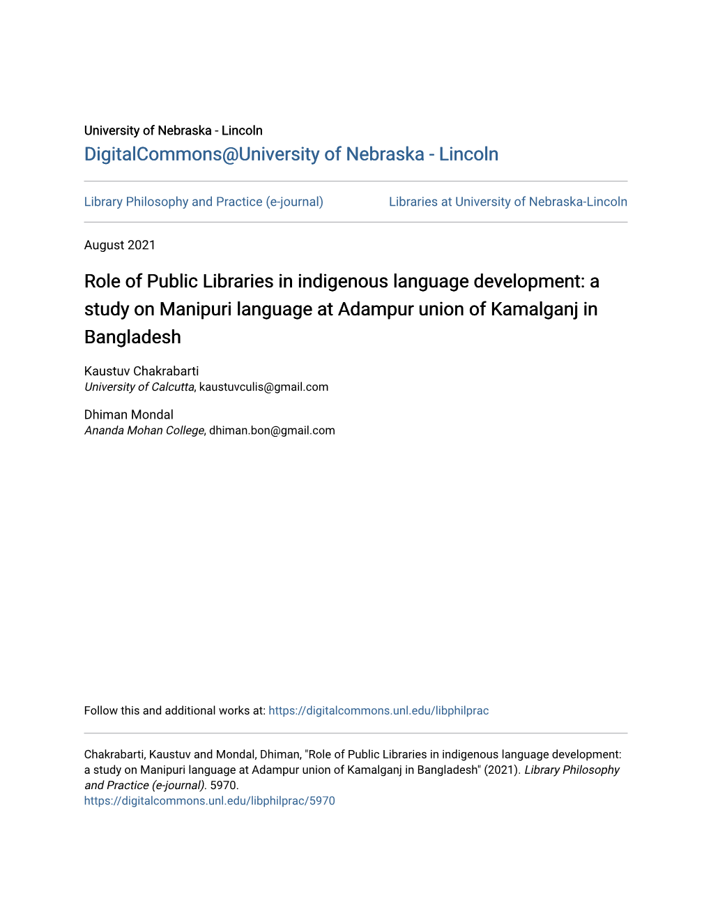 Role of Public Libraries in Indigenous Language Development: a Study on Manipuri Language at Adampur Union of Kamalganj in Bangladesh