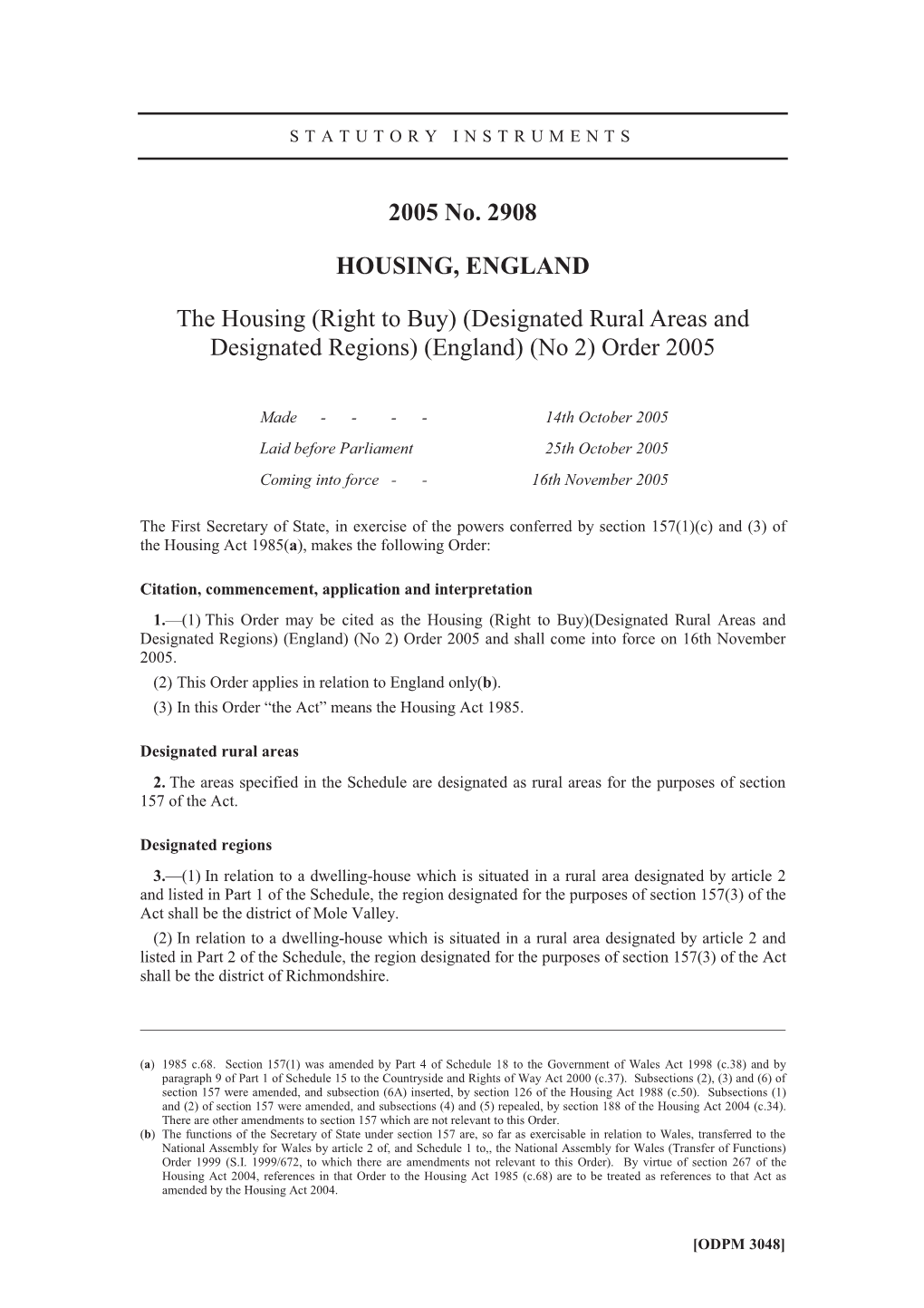 Designated Rural Areas and Designated Regions) (England) (No 2) Order 2005