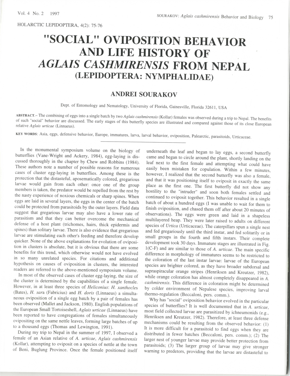 Oviposition Behavior and Life History of Aglais Cashmirensis from Nepal (Lepidoptera: Nymphalidae)