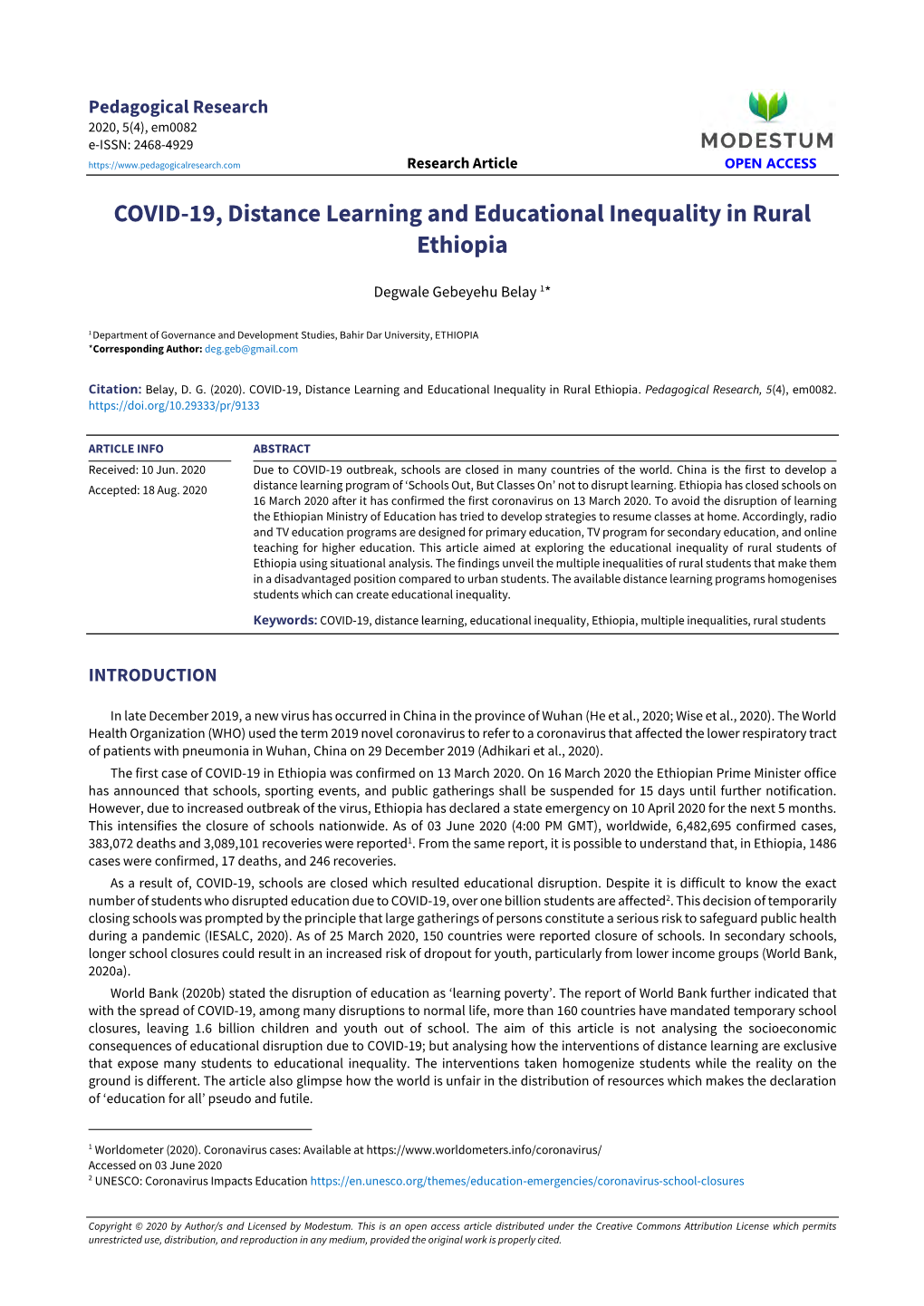 COVID-19, Distance Learning and Educational Inequality in Rural Ethiopia
