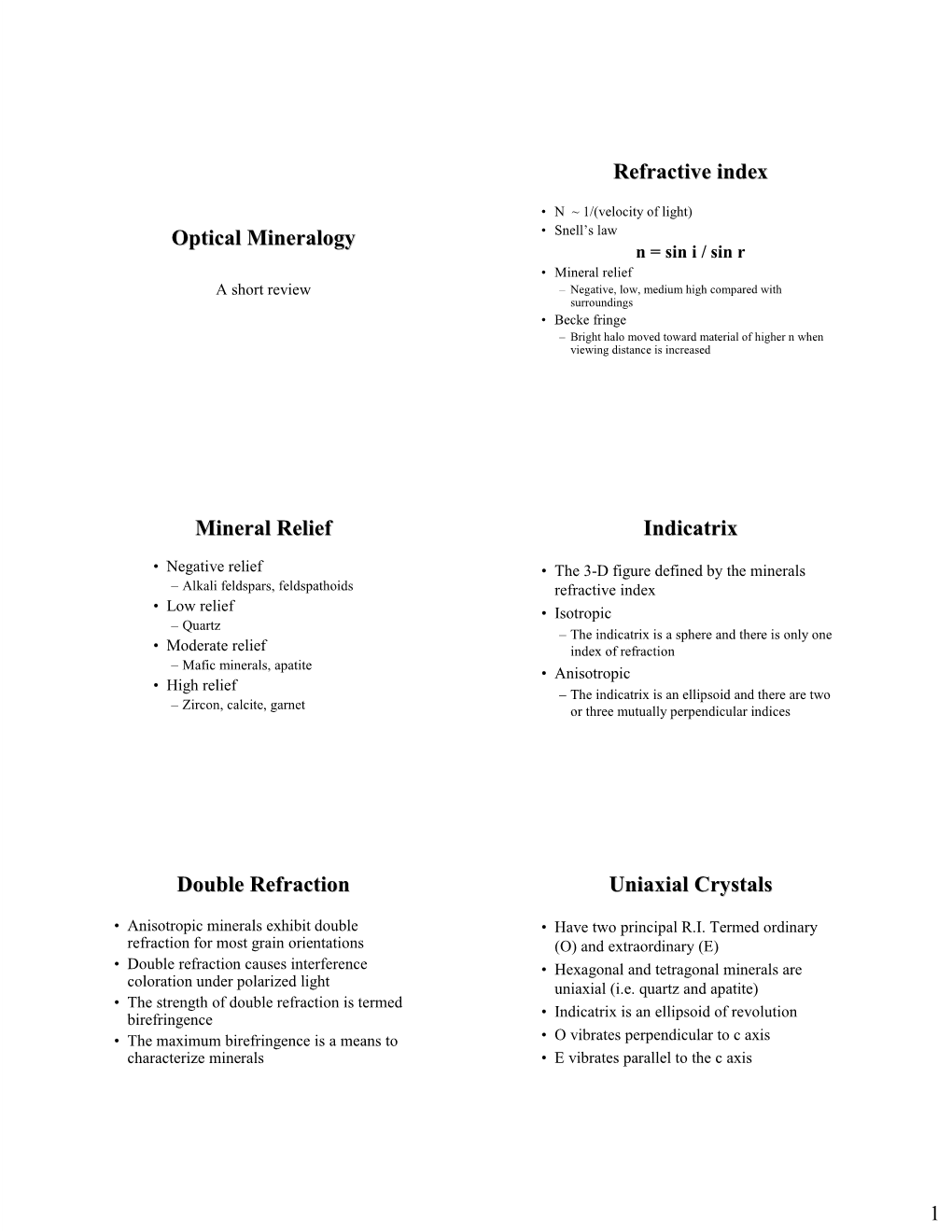 Optical Mineralogy Refractive Index Mineral Relief Indicatrix Double