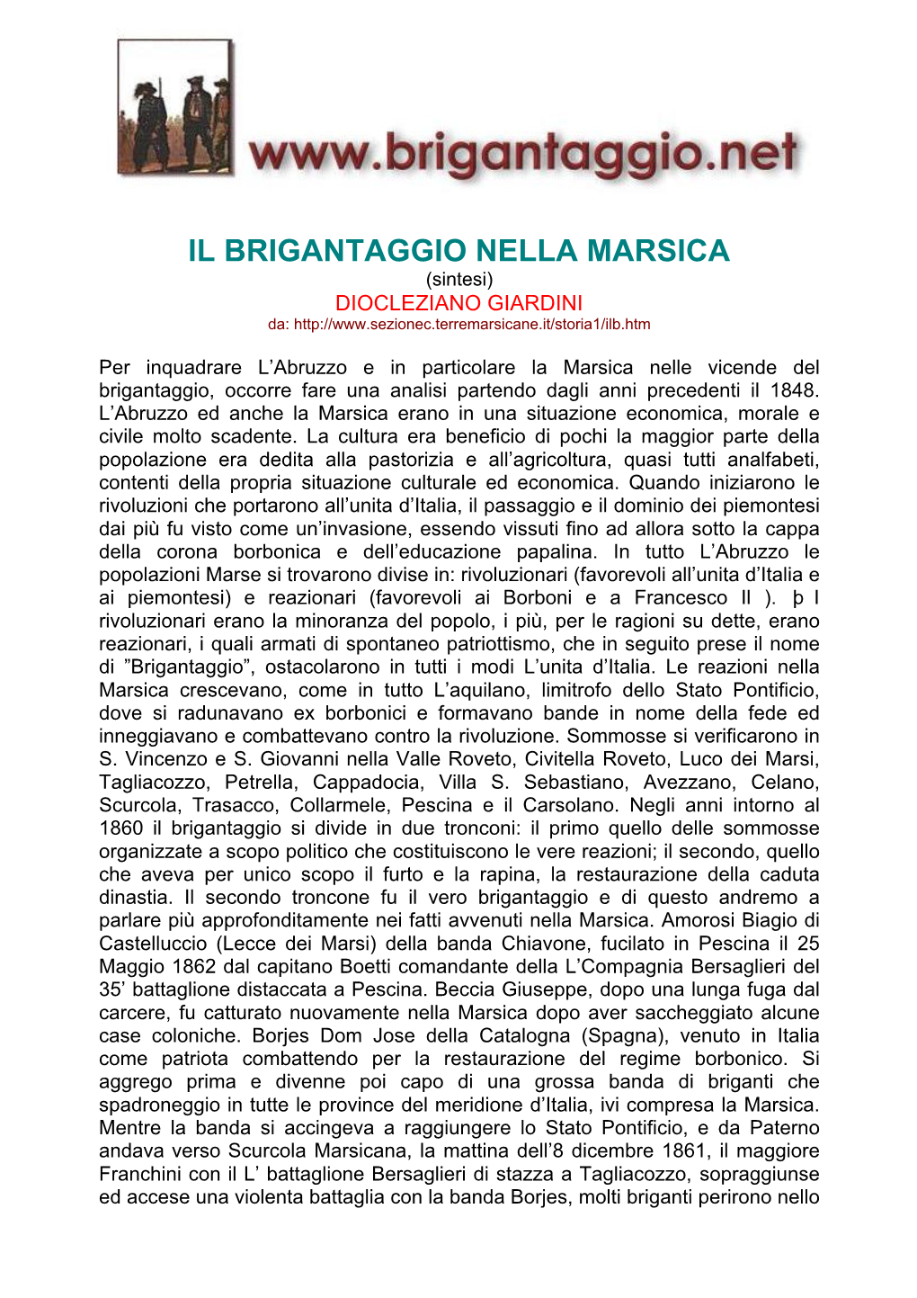 IL BRIGANTAGGIO NELLA MARSICA (Sintesi) DIOCLEZIANO GIARDINI Da