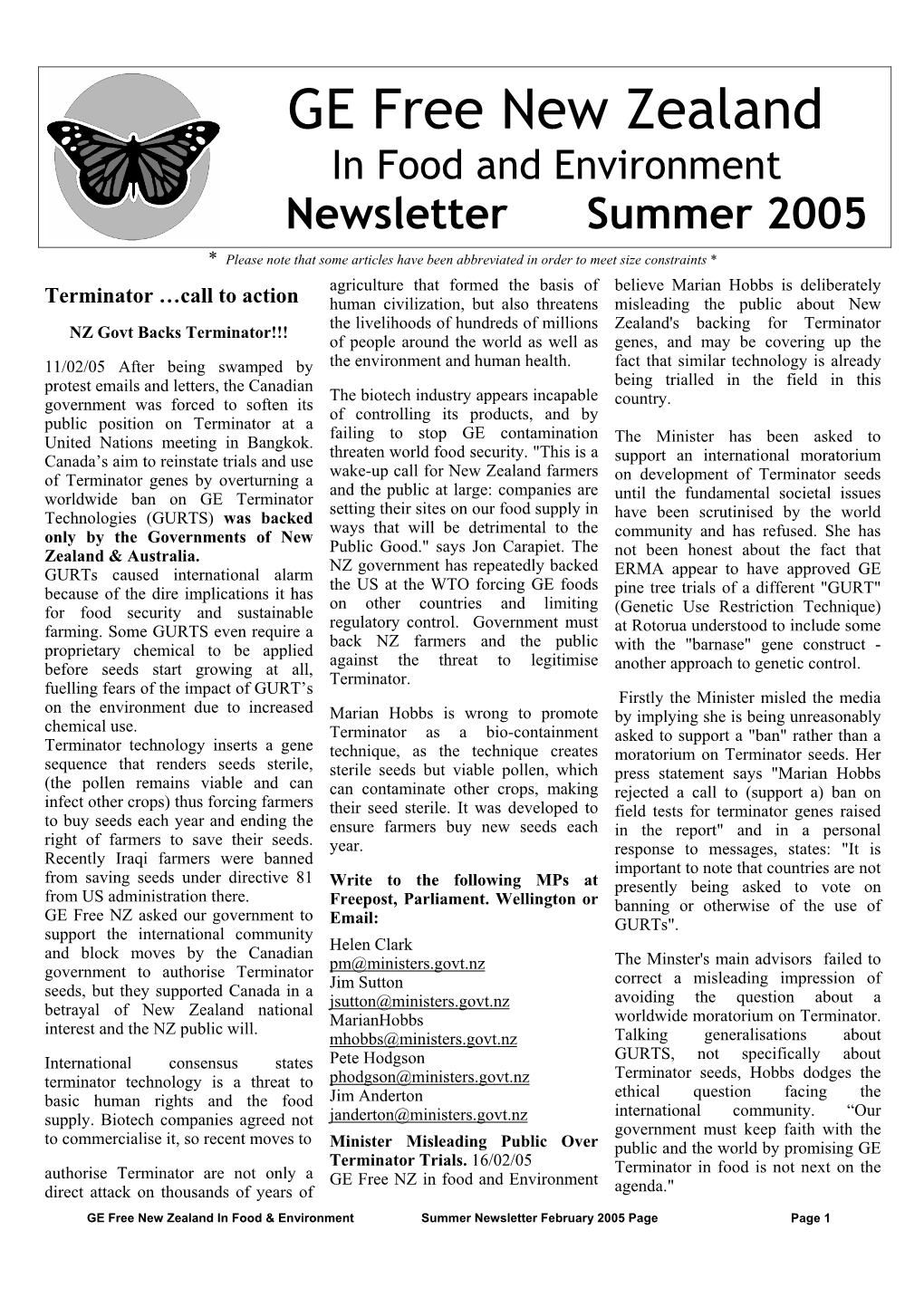 January 2005 Newsletter