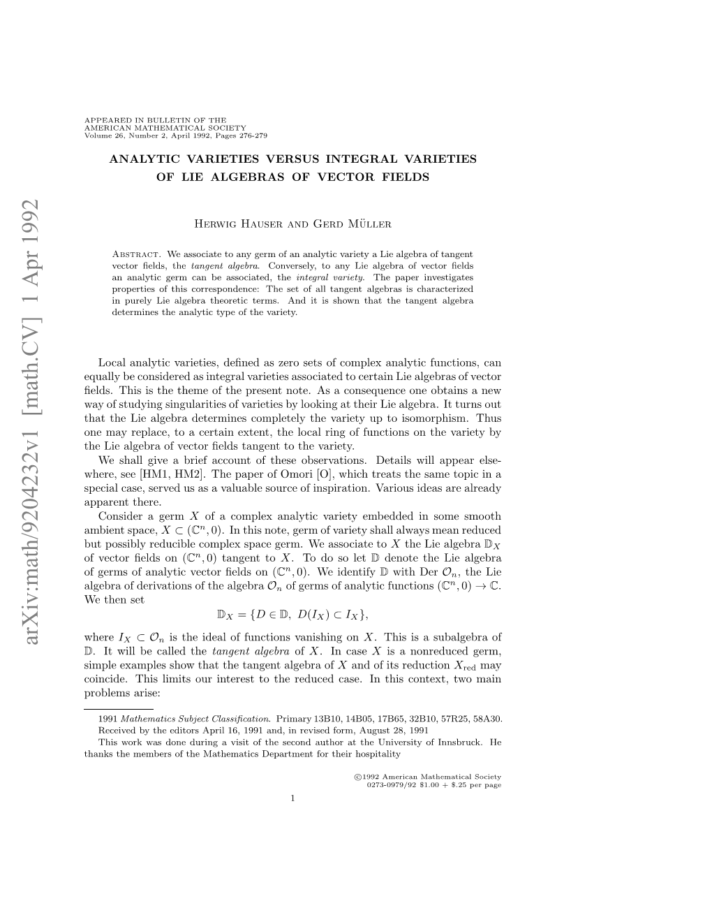 Arxiv:Math/9204232V1 [Math.CV] 1 Apr 1992 Onie Hslmt U Neett H Eue Ae Nti Contex This in Case