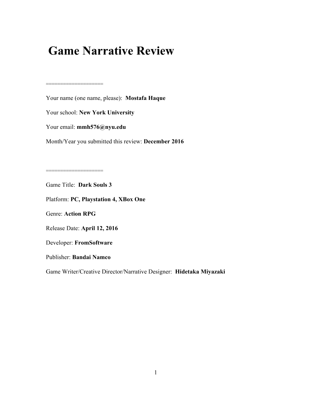 Game Narrative Review