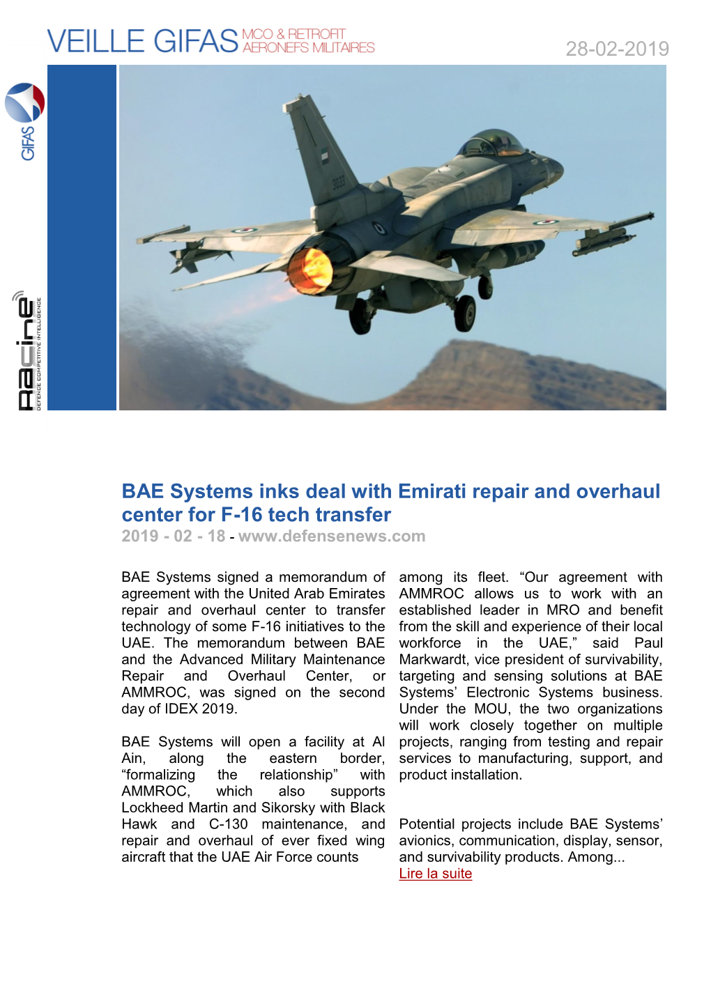 28-02-2019 BAE Systems Inks Deal with Emirati Repair and Overhaul Center for F-16 Tech Transfer