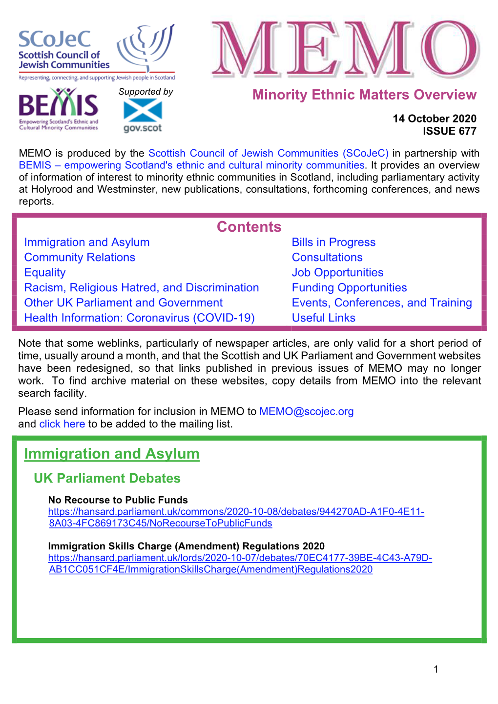 MEMO Is Produced by the Scottish Council of Jewish Communities (Scojec) in Partnership with BEMIS – Empowering Scotland's Ethnic and Cultural Minority Communities