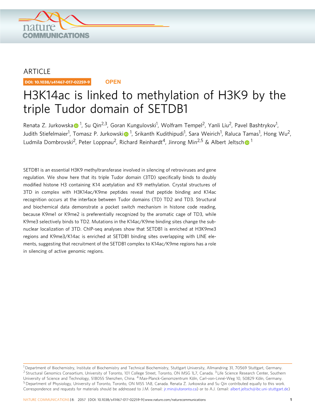 H3k14ac Is Linked to Methylation of H3K9 by the Triple Tudor Domain of SETDB1