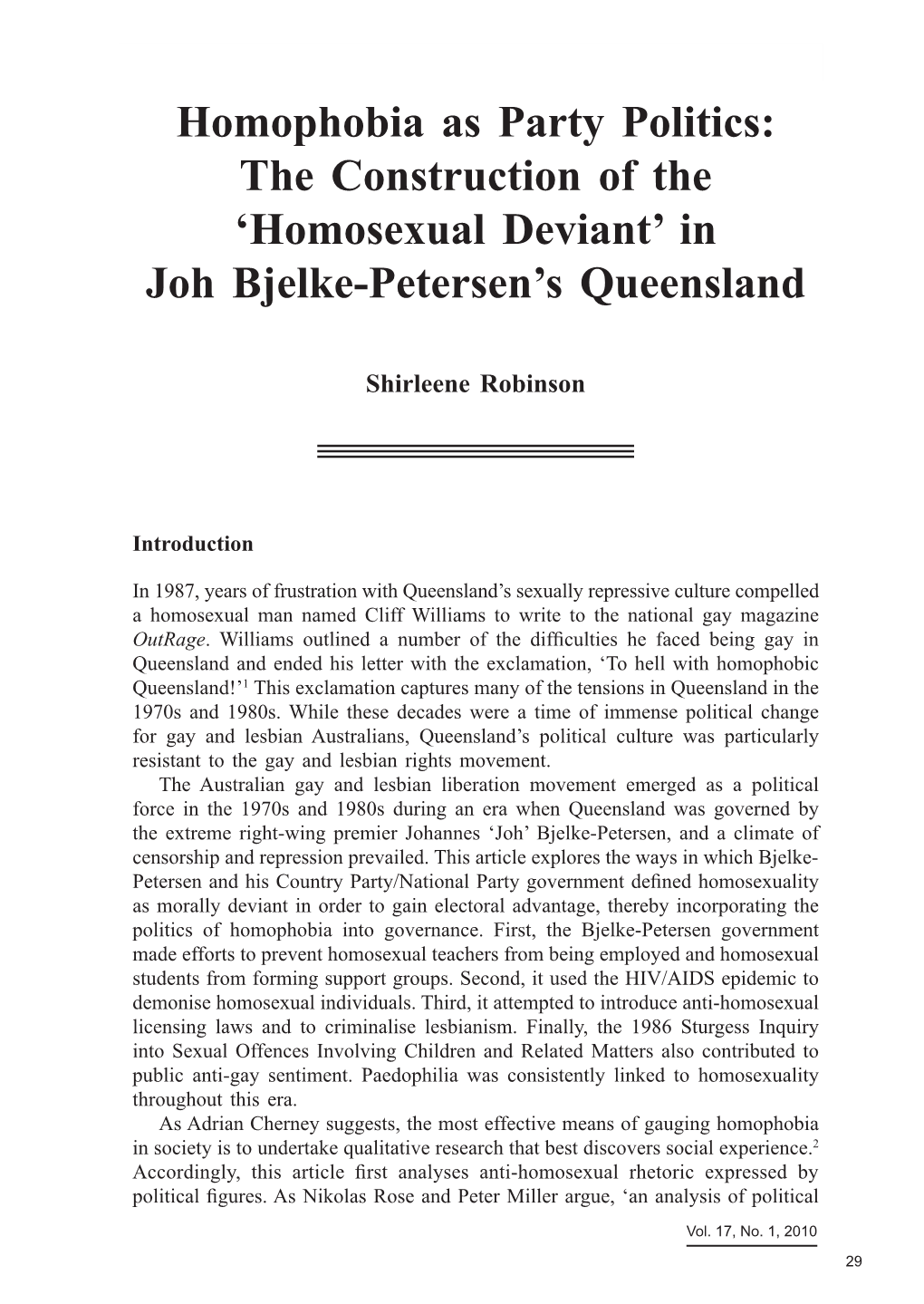 'Homosexual Deviant' in Joh Bjelke-Petersen's Queensland