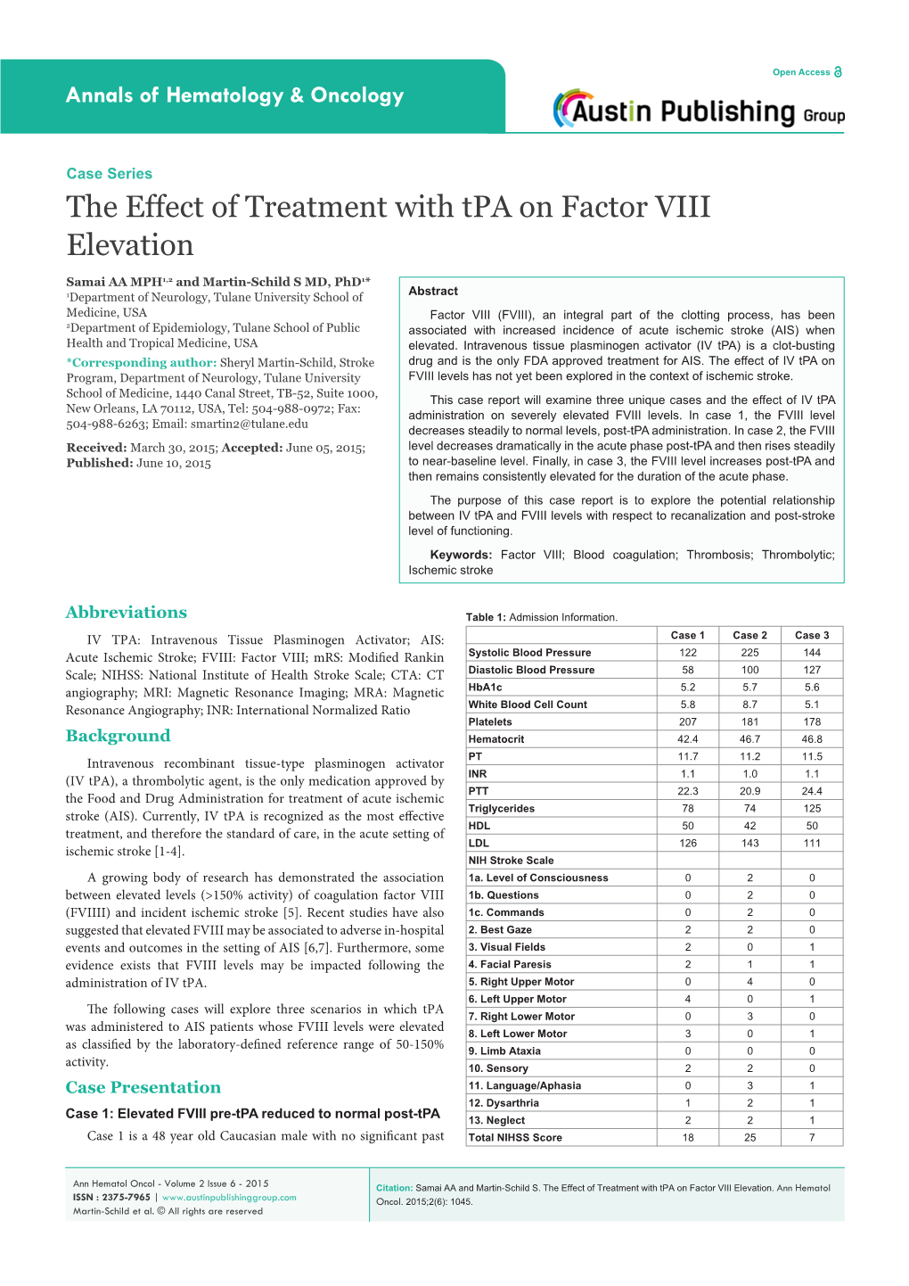 The Effect of Treatment with Tpa on Factor VIII Elevation