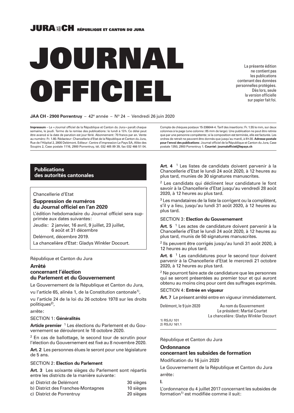 Journal Officiel No 24 Du 26.06.2020