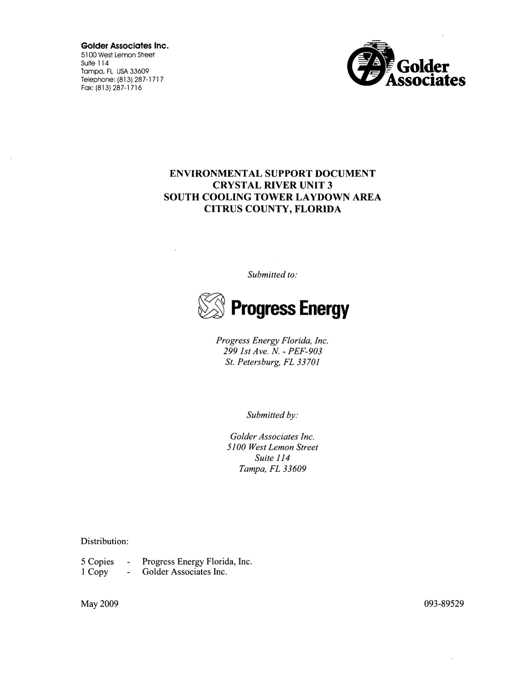 Environmental Support Document Crystal River Unit 3 South Cooling Tower Laydown Area Citrus County, Florida