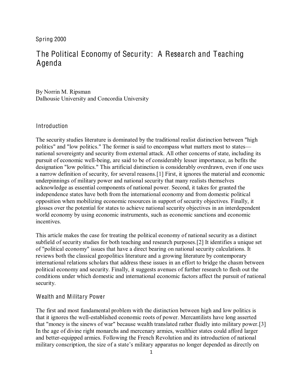 The Political Economy of Security: a Research and Teaching Agenda