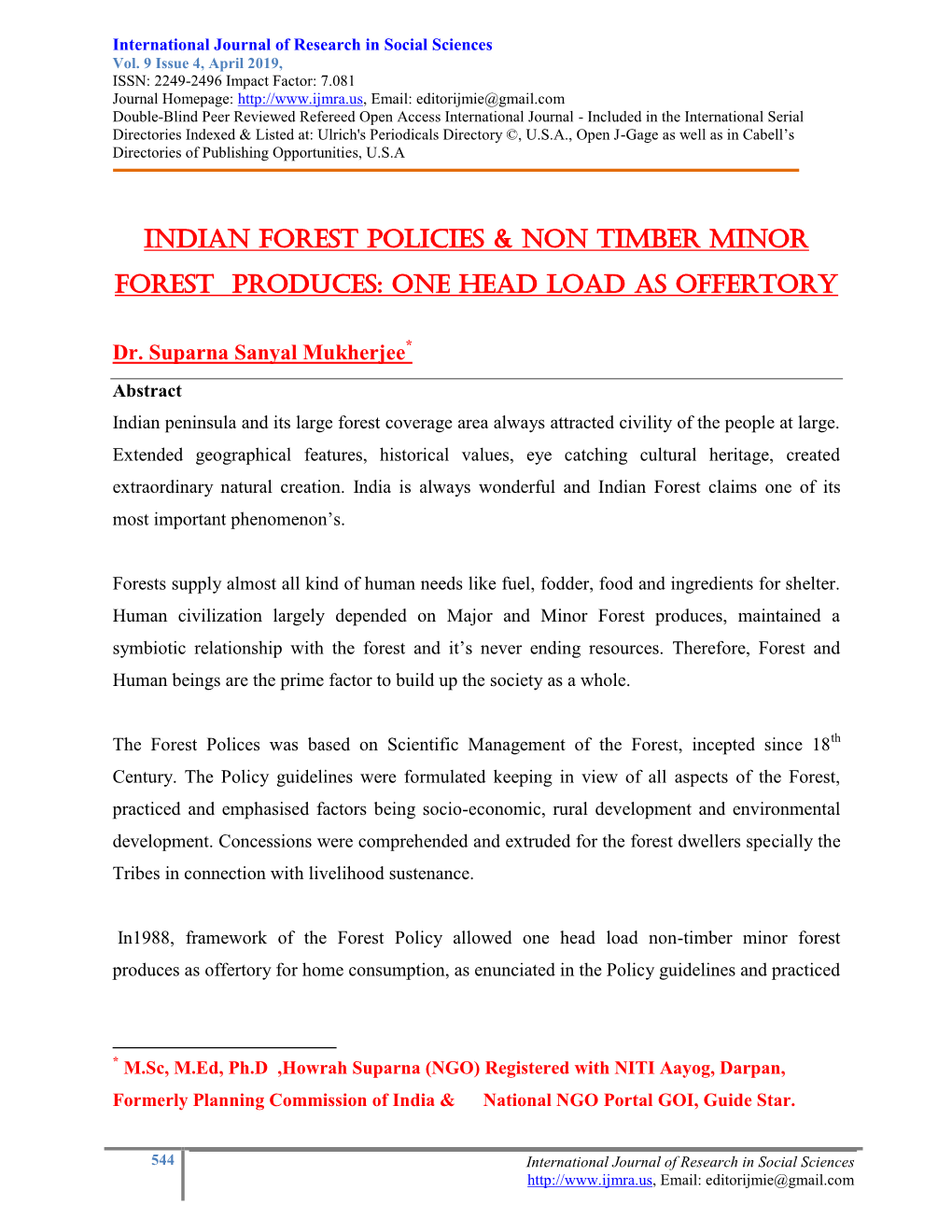 Indian Forest Policies & Non Timber Minor Forest Produces: One Head Load As Offertory